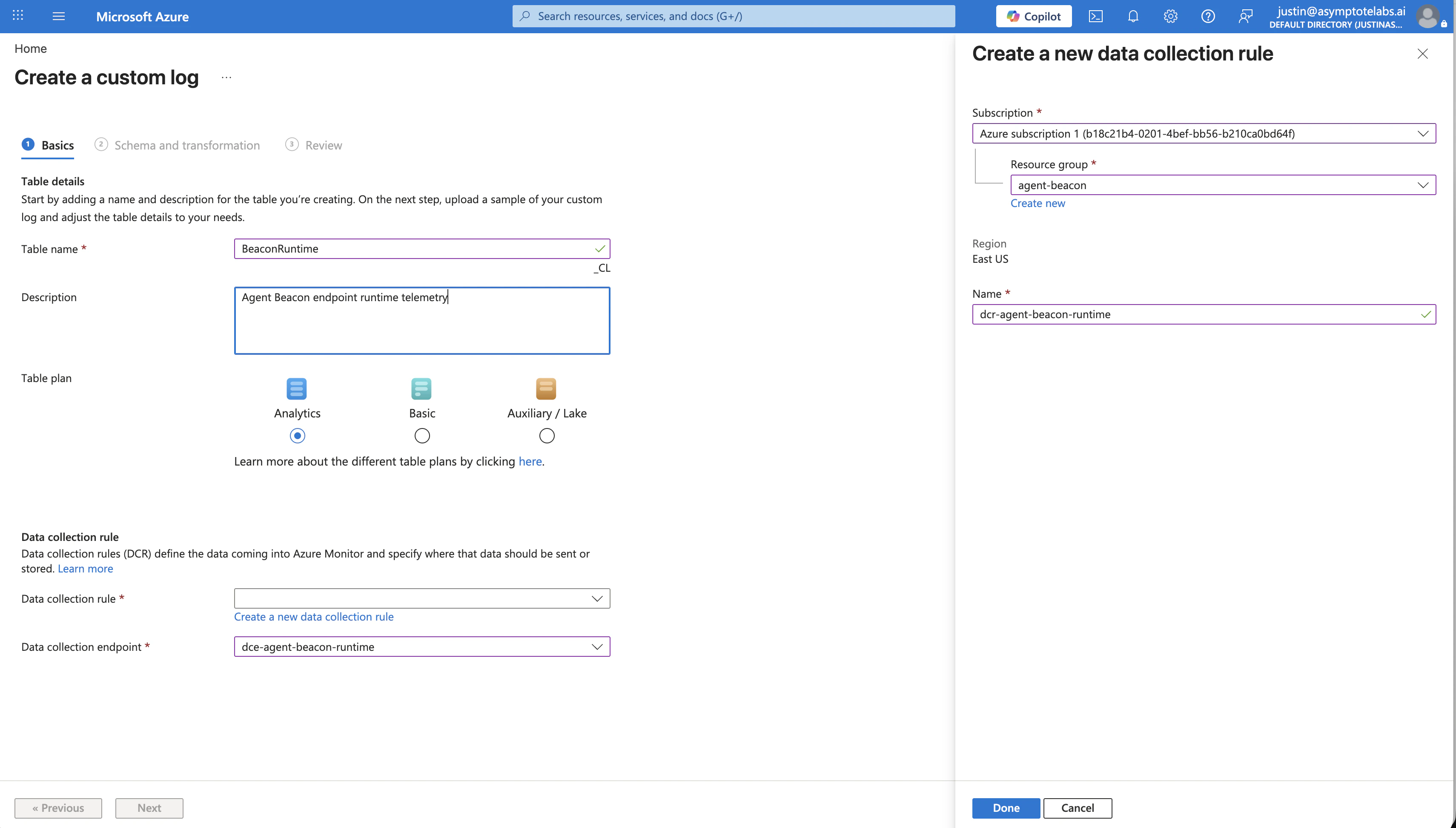 Azure Portal custom log wizard with BeaconRuntime table details, Analytics plan, dcr-agent-beacon-runtime DCR, and dce-agent-beacon-runtime endpoint.