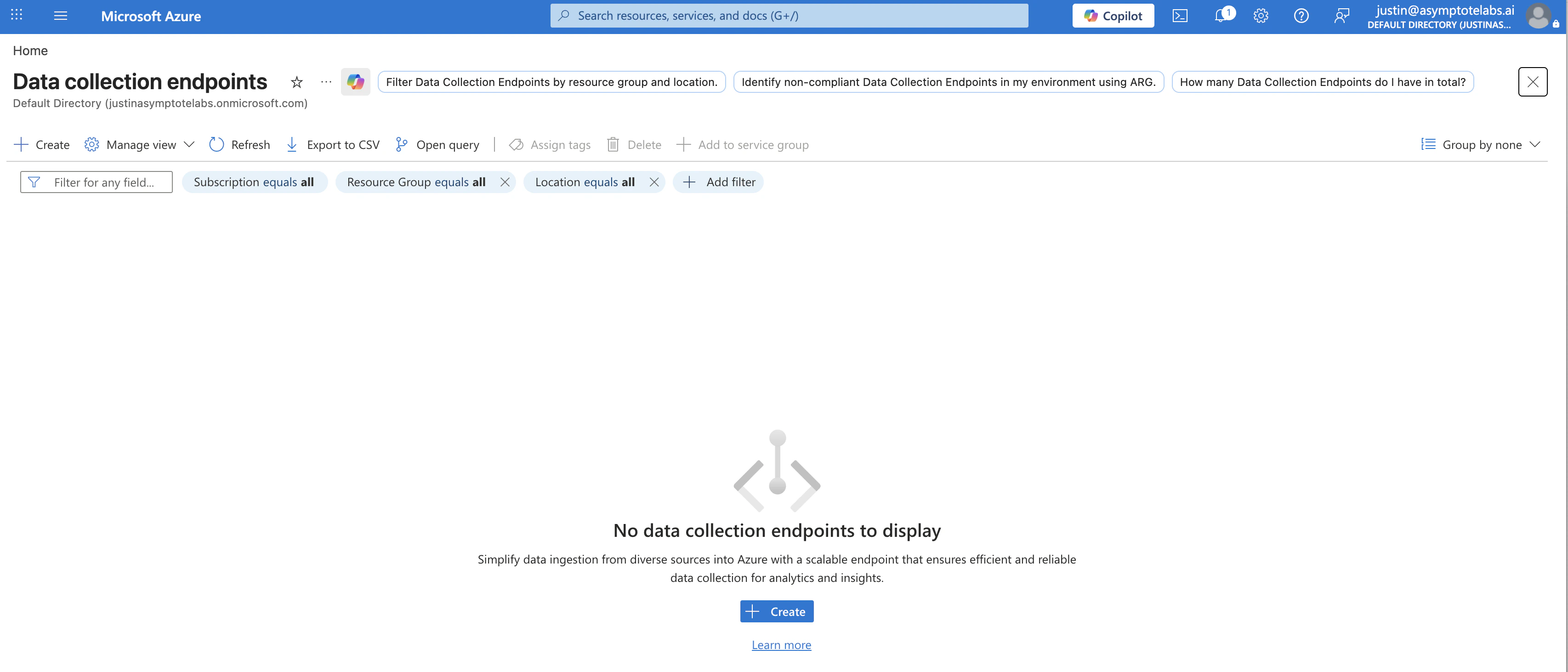 Azure Portal Data collection endpoints page showing no endpoints and the Create button.