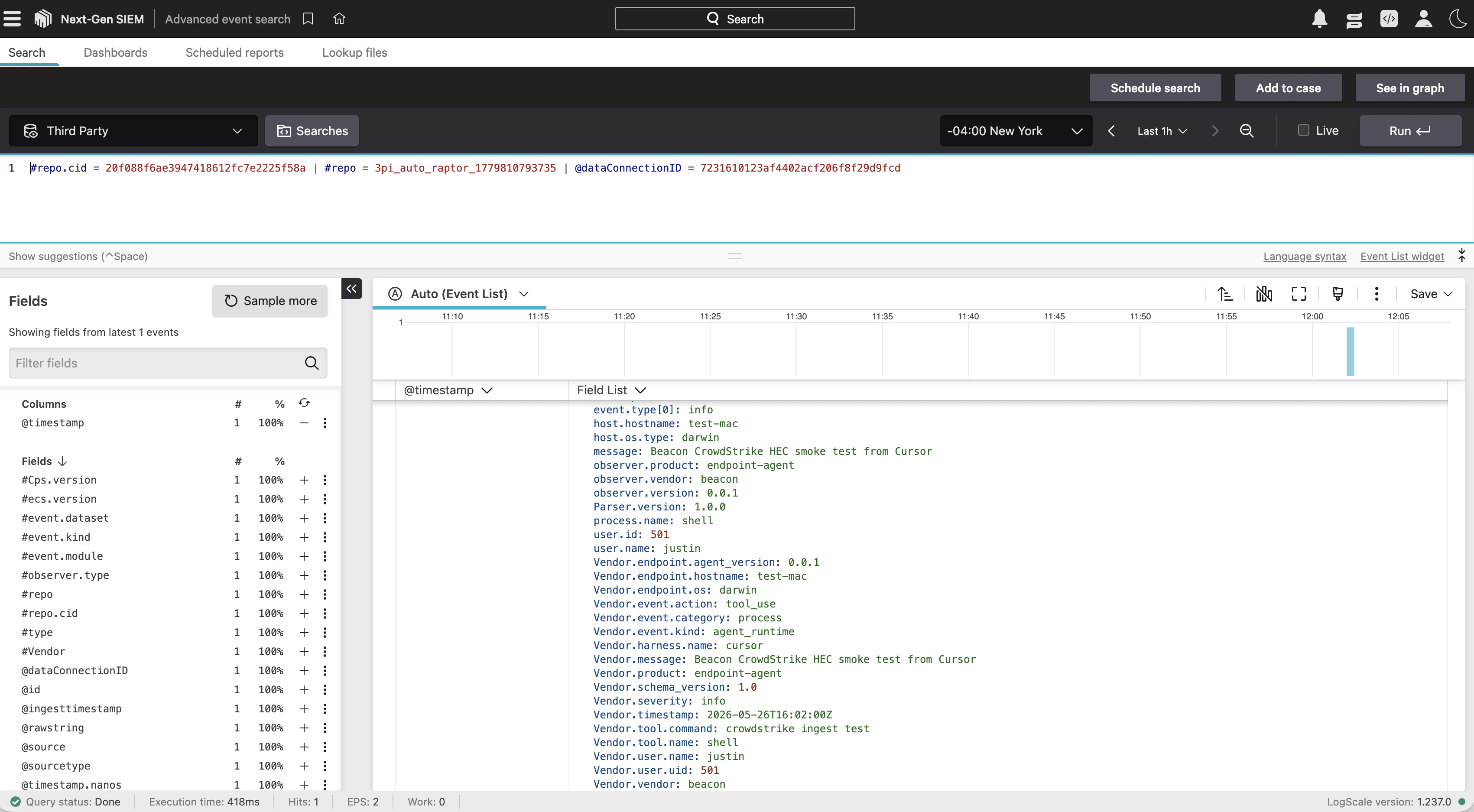 CrowdStrike Advanced event search showing a parsed Beacon endpoint smoke test event with normalized fields.