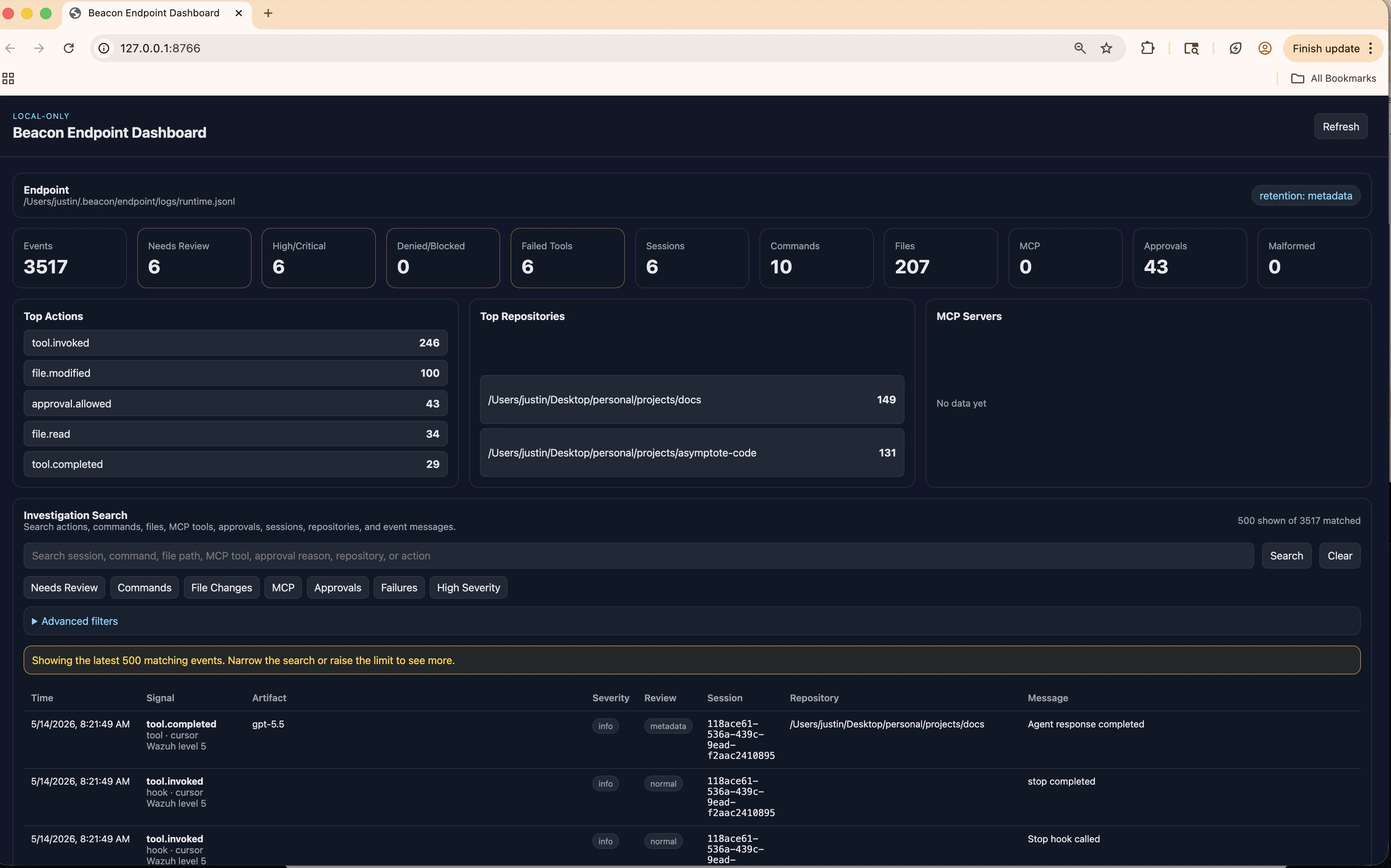 Beacon endpoint dashboard showing local runtime inventory, event timelines, filters, and event details.