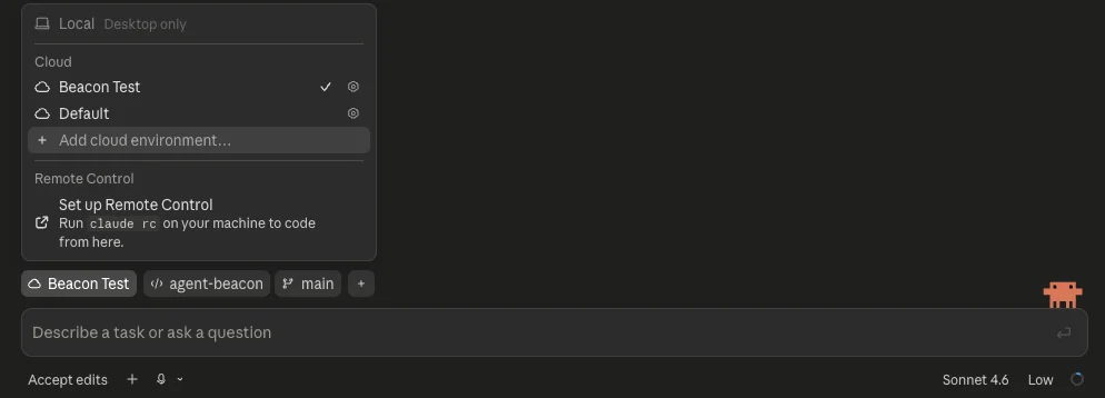Claude Code cloud environment selector showing a Beacon Test cloud environment selected.