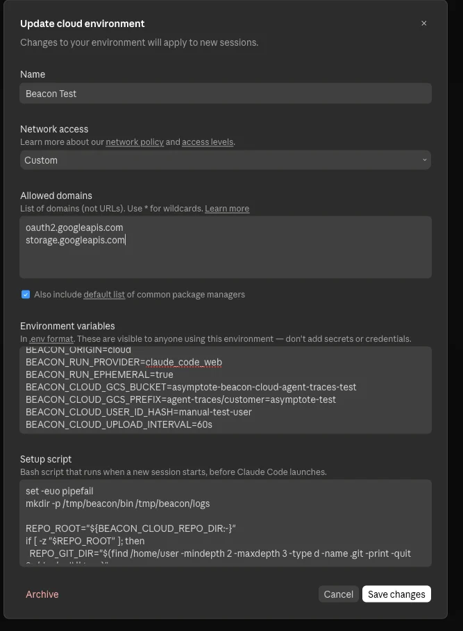 Claude Code cloud environment settings showing custom network domains, Beacon environment variables, and a setup script.