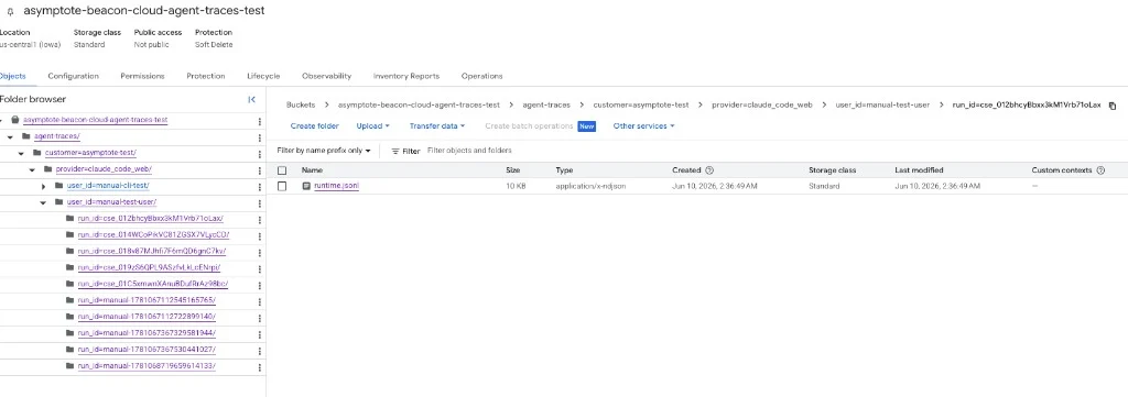 Google Cloud Storage object browser showing Beacon cloud agent traces partitioned by provider, user ID, Claude run ID, and runtime.jsonl.