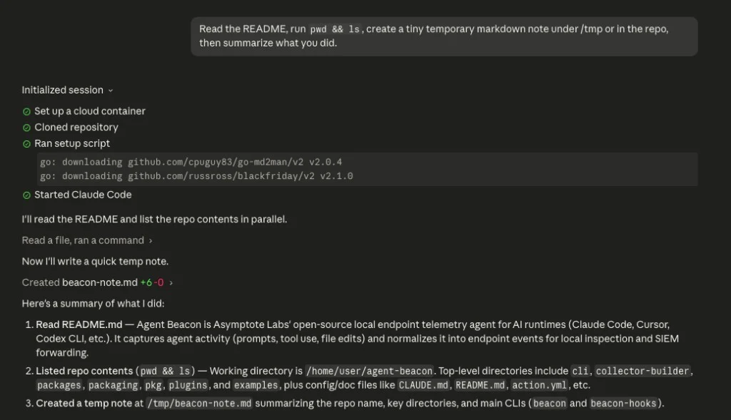 Claude Code cloud agent session showing setup completed, a README task, shell command activity, and a temporary note creation.