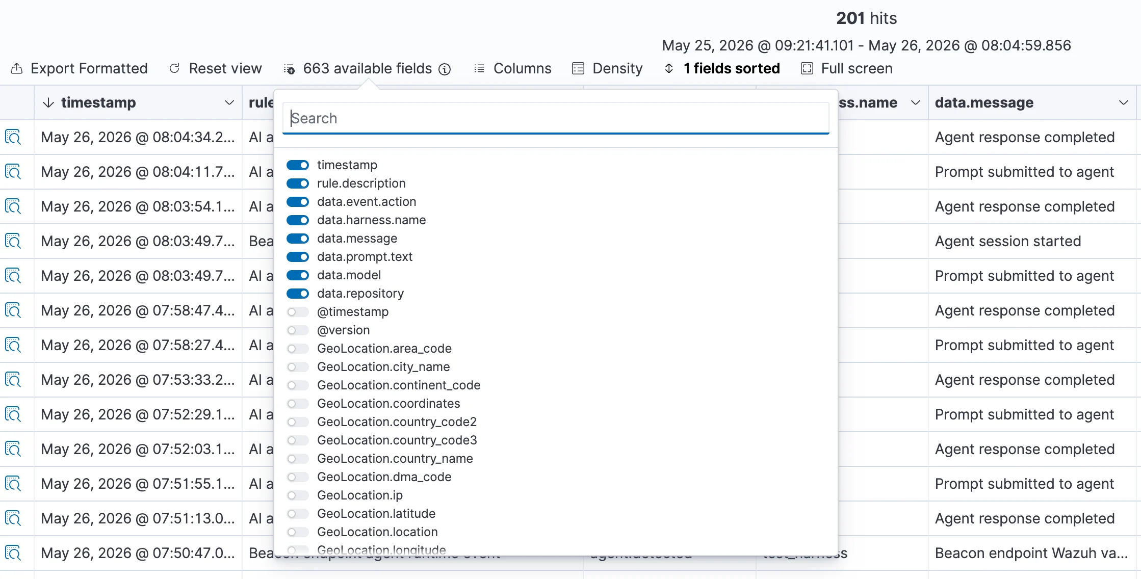 Wazuh Dashboard Columns selector with Beacon fields such as data.event.action, data.harness.name, data.message, data.prompt.text, data.model, and data.repository enabled.