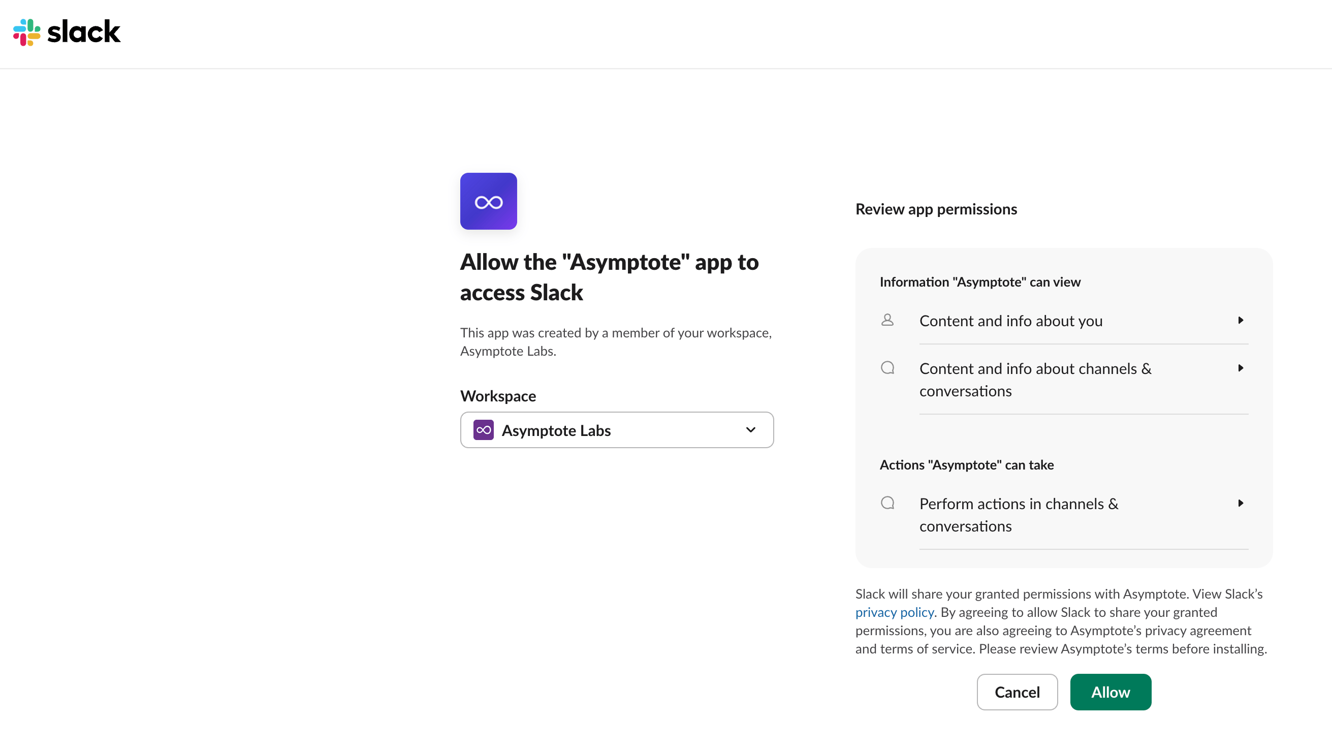 Slack authorization screen for allowing the Asymptote app to access a workspace.