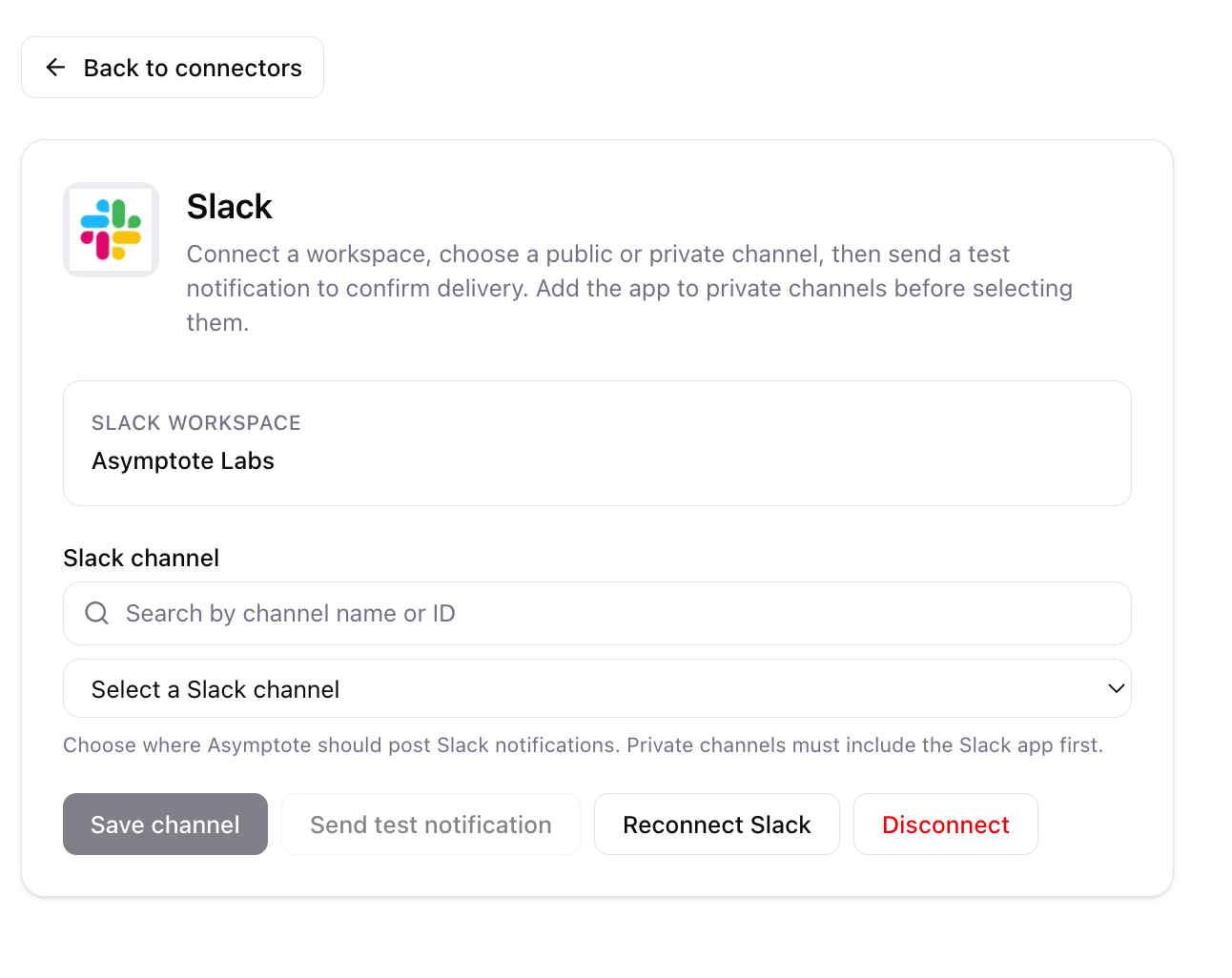 Asymptote Slack connector setup screen with channel selection and test notification controls.