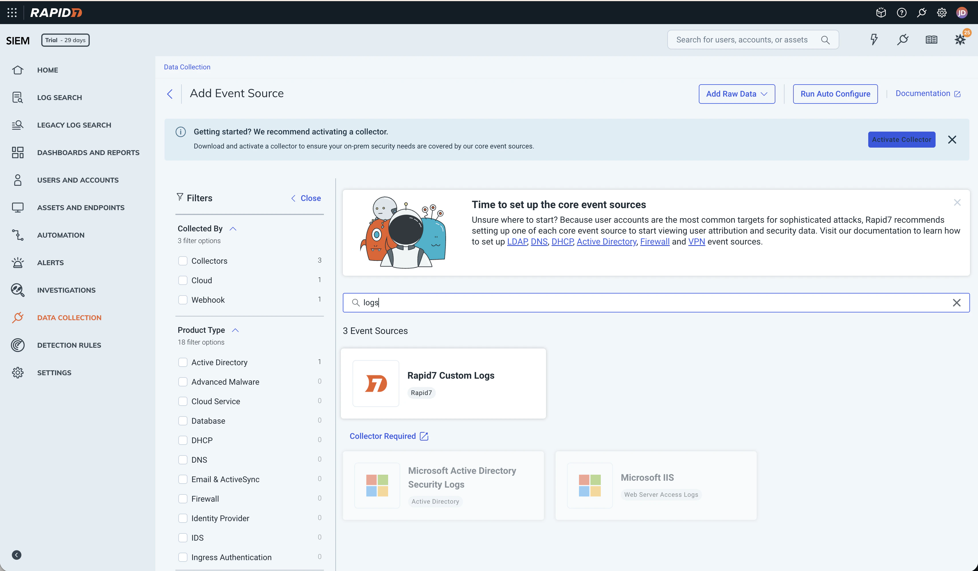 Rapid7 InsightIDR Custom Logs event source option for Beacon endpoint events.