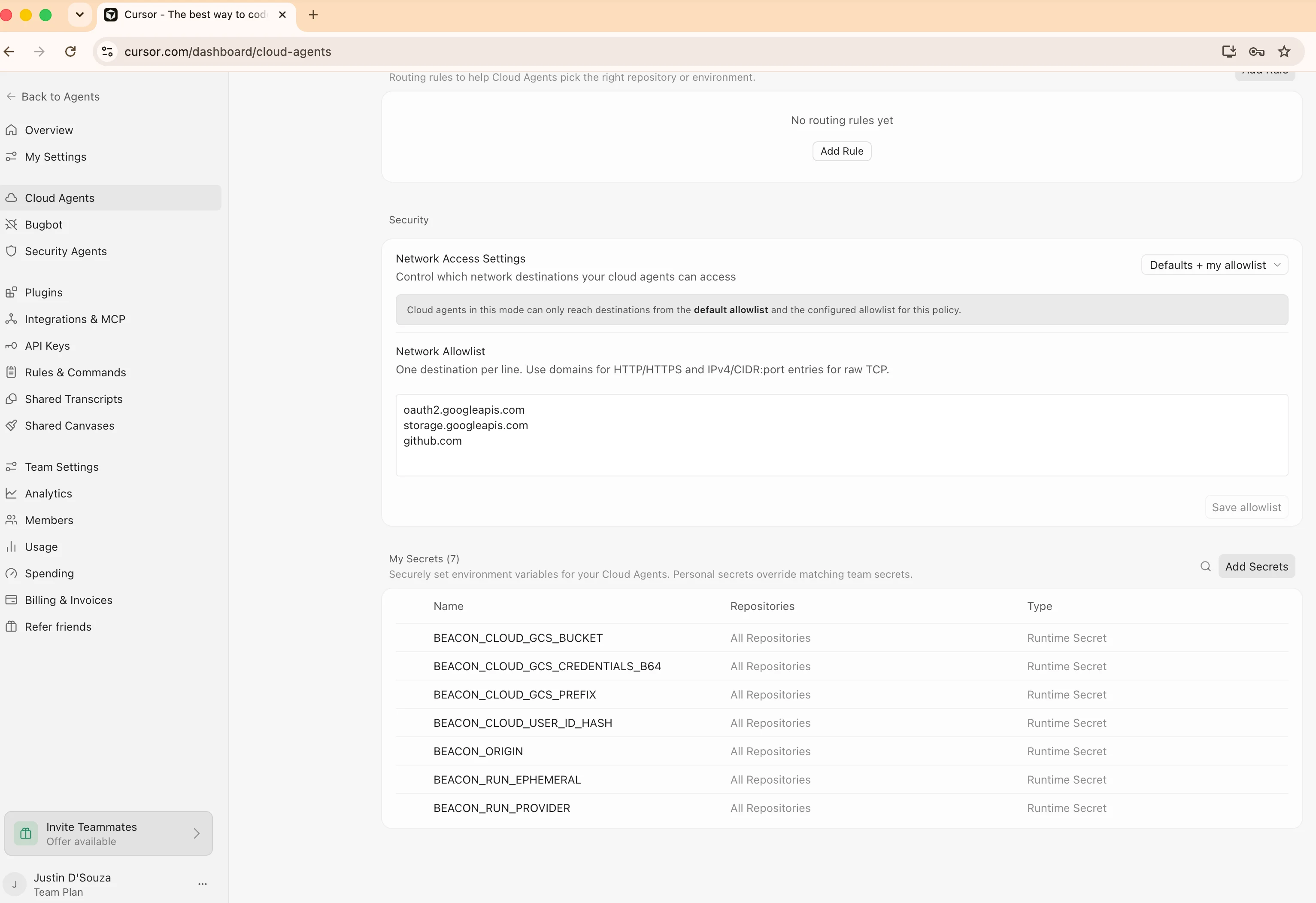 Cursor Cloud Agents settings showing network allowlist entries and Beacon runtime secrets for GCS upload.