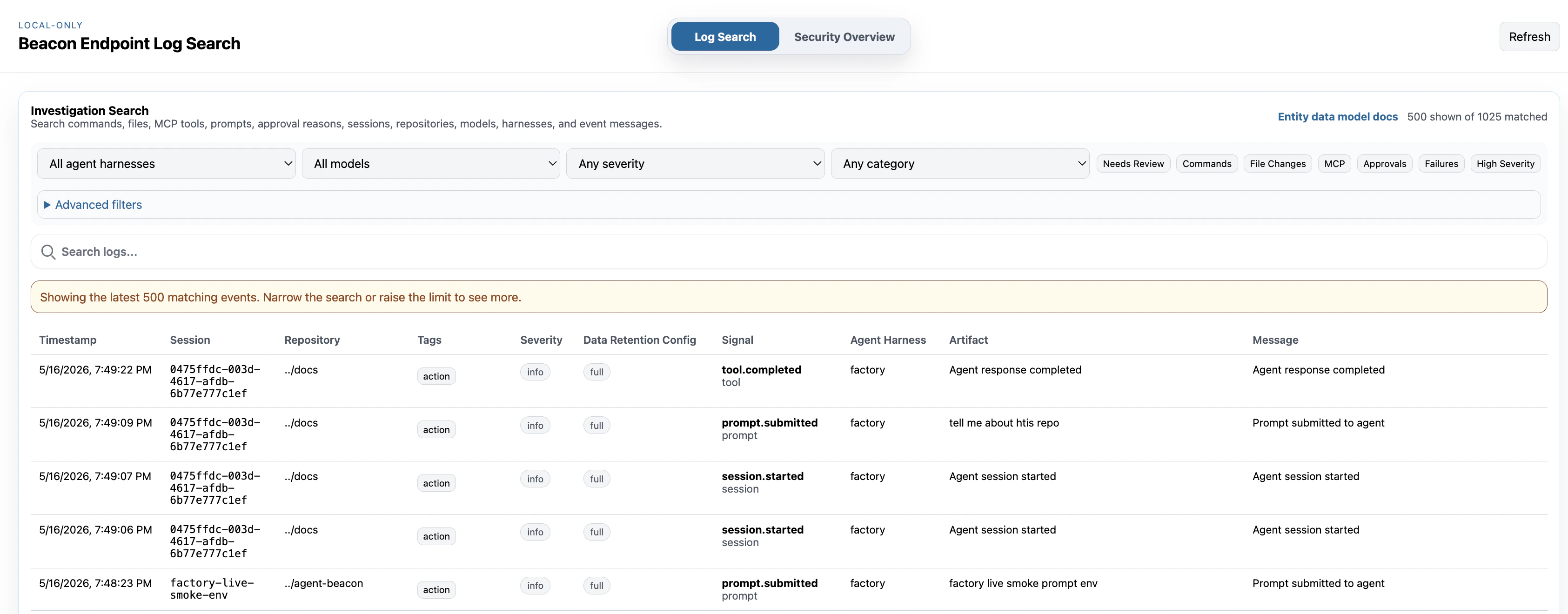 Beacon endpoint Log Search view showing investigation filters, quick filters, event rows, and model-aware search controls.