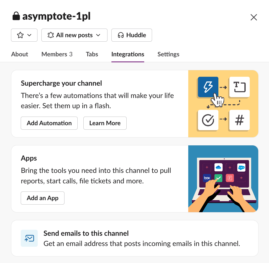 Slack private channel integrations screen showing the Asymptote app added to the channel.