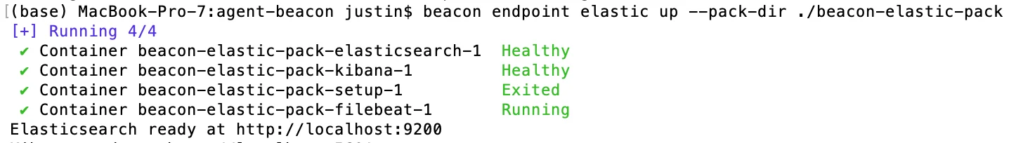 Terminal showing beacon endpoint elastic up starting the local Elastic validation stack with Elasticsearch and Kibana healthy, setup exited, and Filebeat running.