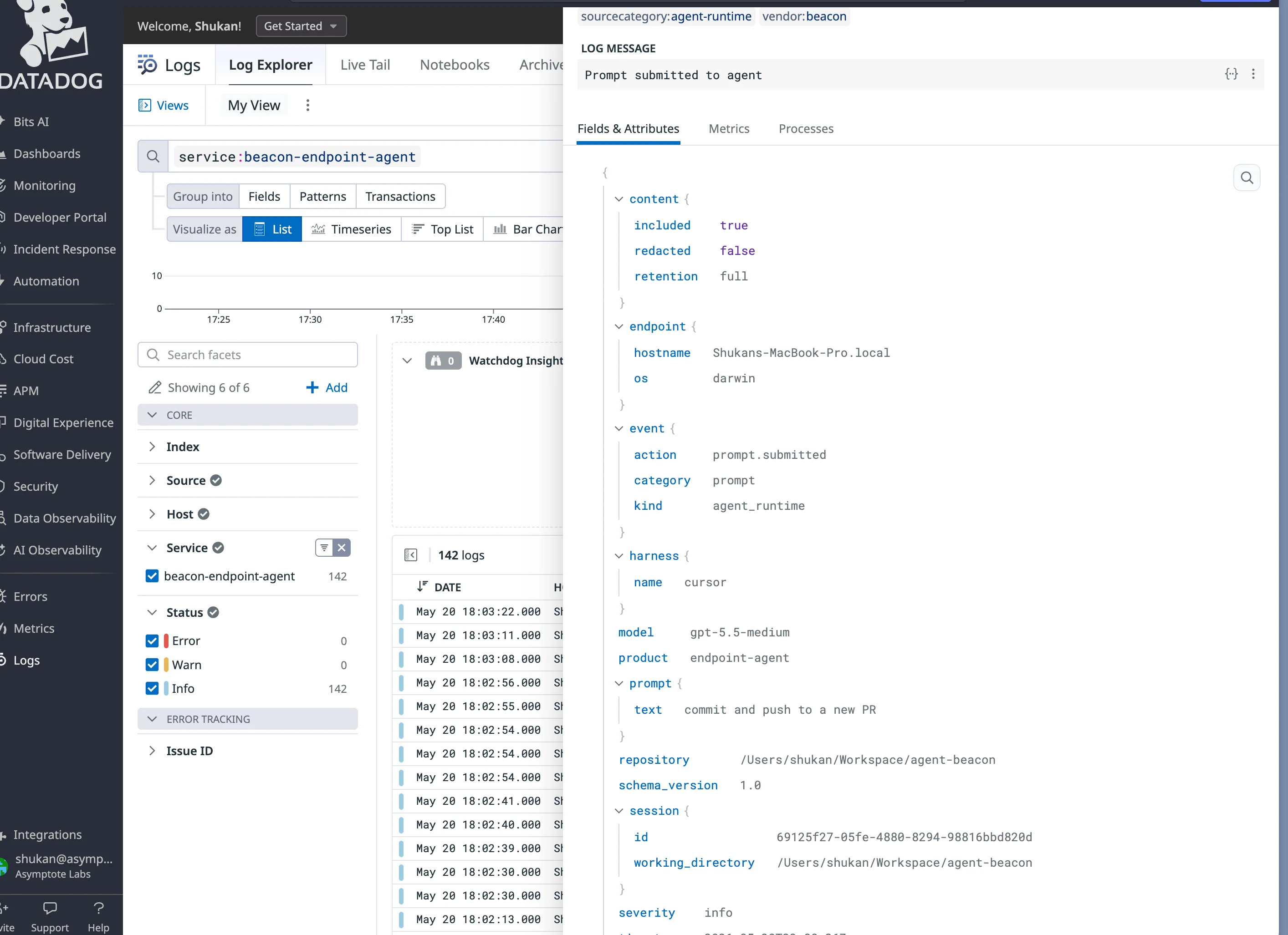 Datadog Log Explorer showing Beacon endpoint logs with the expanded Fields and Attributes panel, including event, harness, prompt, content, repository, and session fields.
