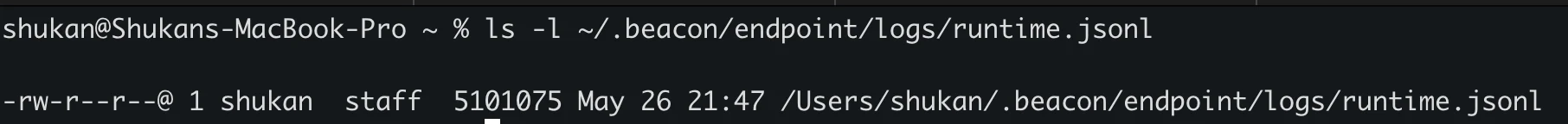 Terminal showing the Beacon runtime JSONL log exists at the user-mode path.
