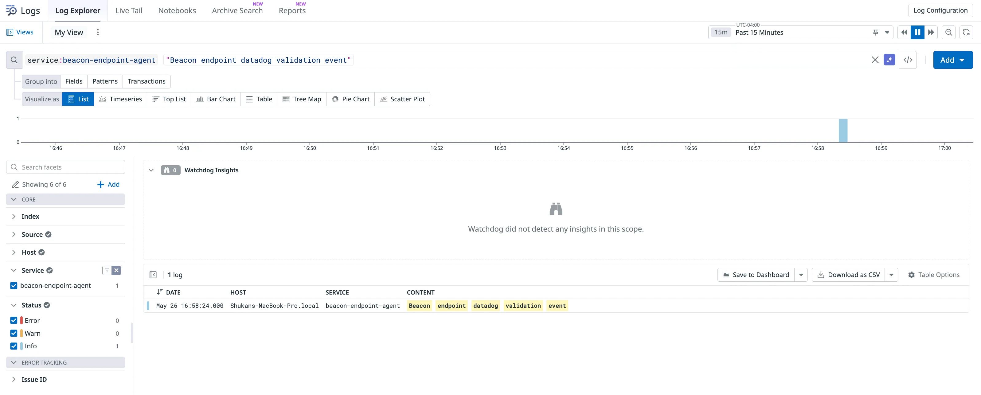 Datadog Log Explorer showing a query for service beacon-endpoint-agent and the Beacon Datadog validation event.