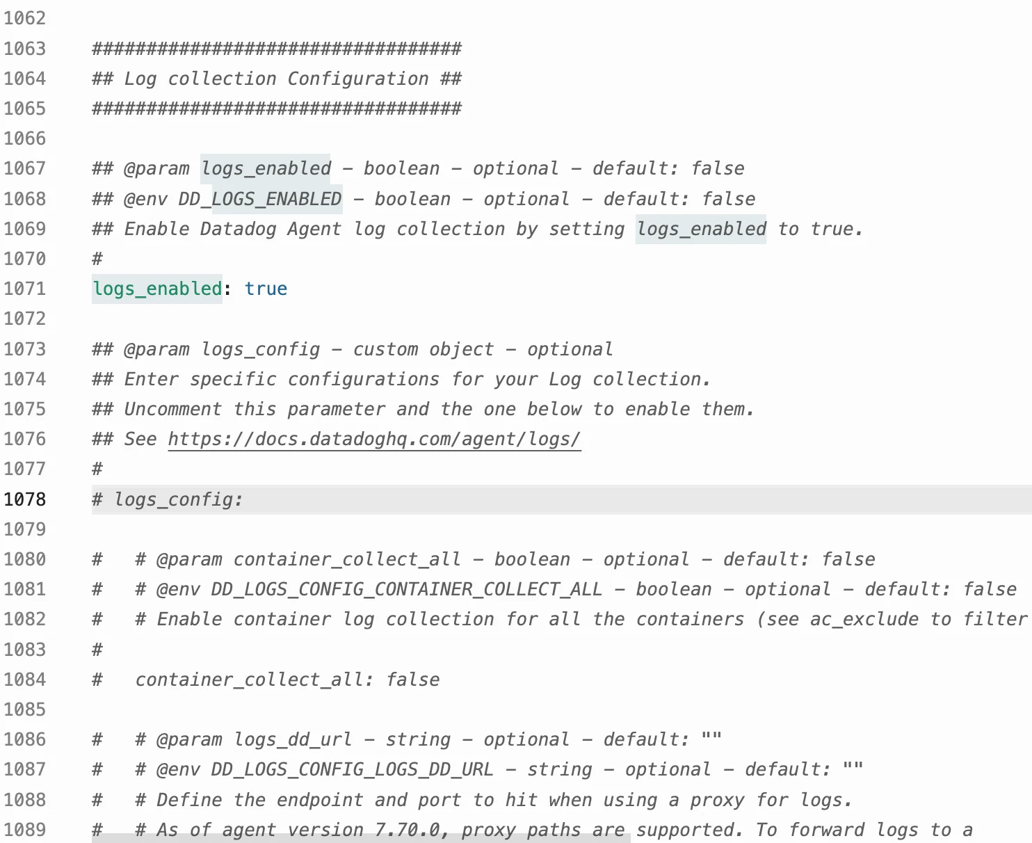 Datadog Agent datadog.yaml showing logs_enabled set to true.