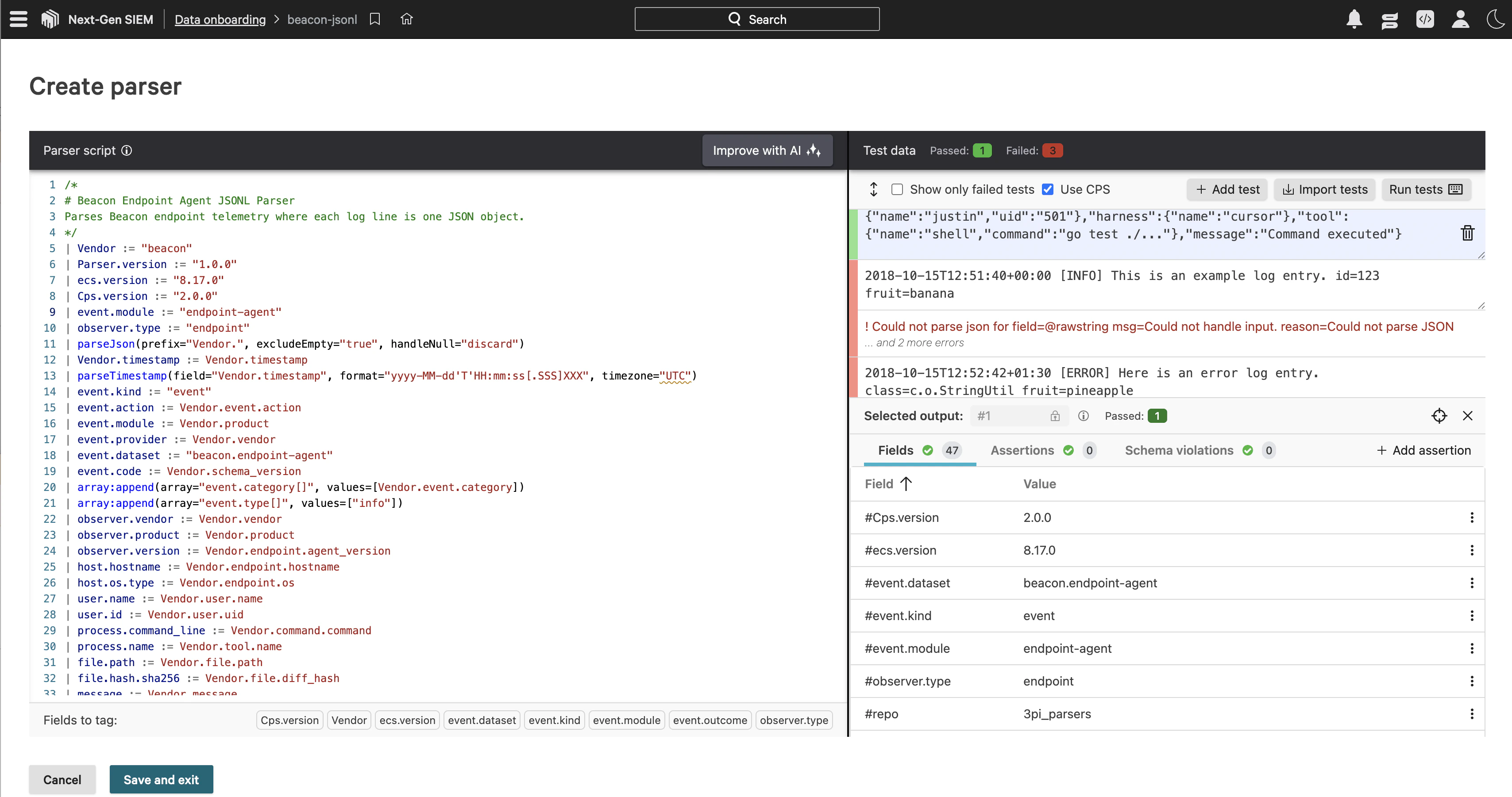 CrowdStrike parser editor with the Beacon JSONL parser script and test data results.