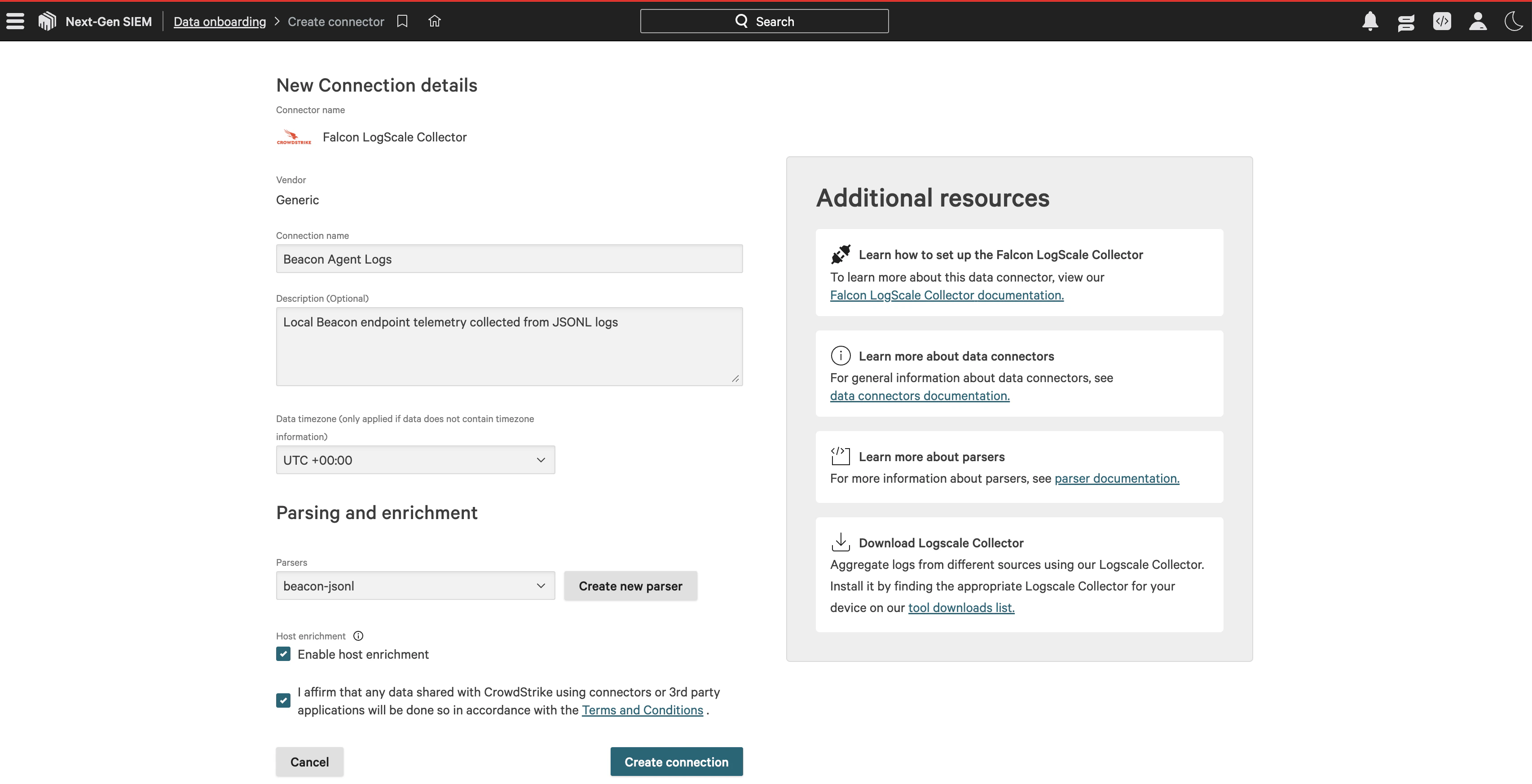 CrowdStrike new connection details page with Beacon Agent Logs and the beacon-jsonl parser selected.