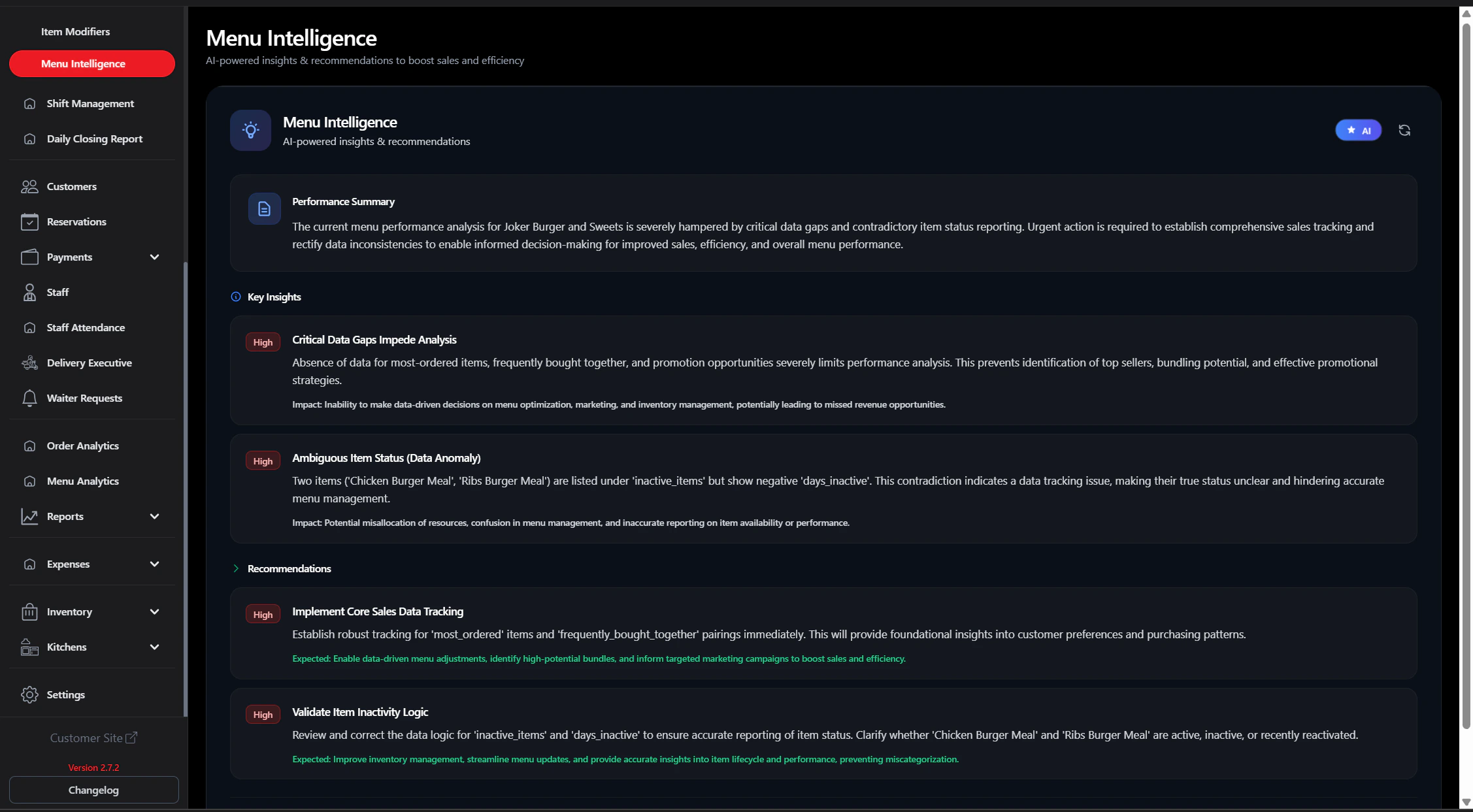 Menu Intelligence Dashboard