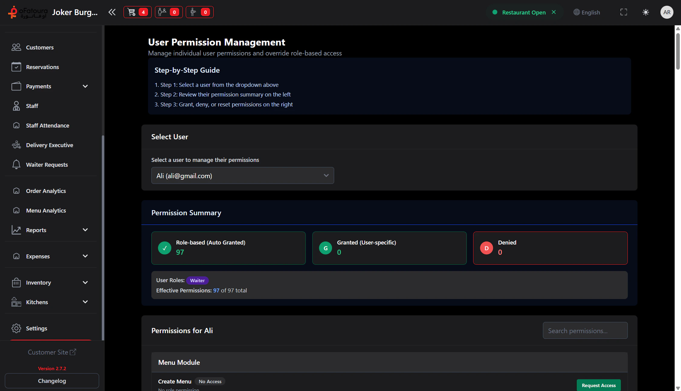 User Permission Screen