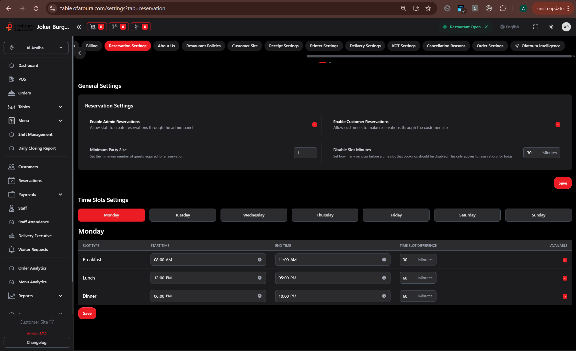 Reservation settings