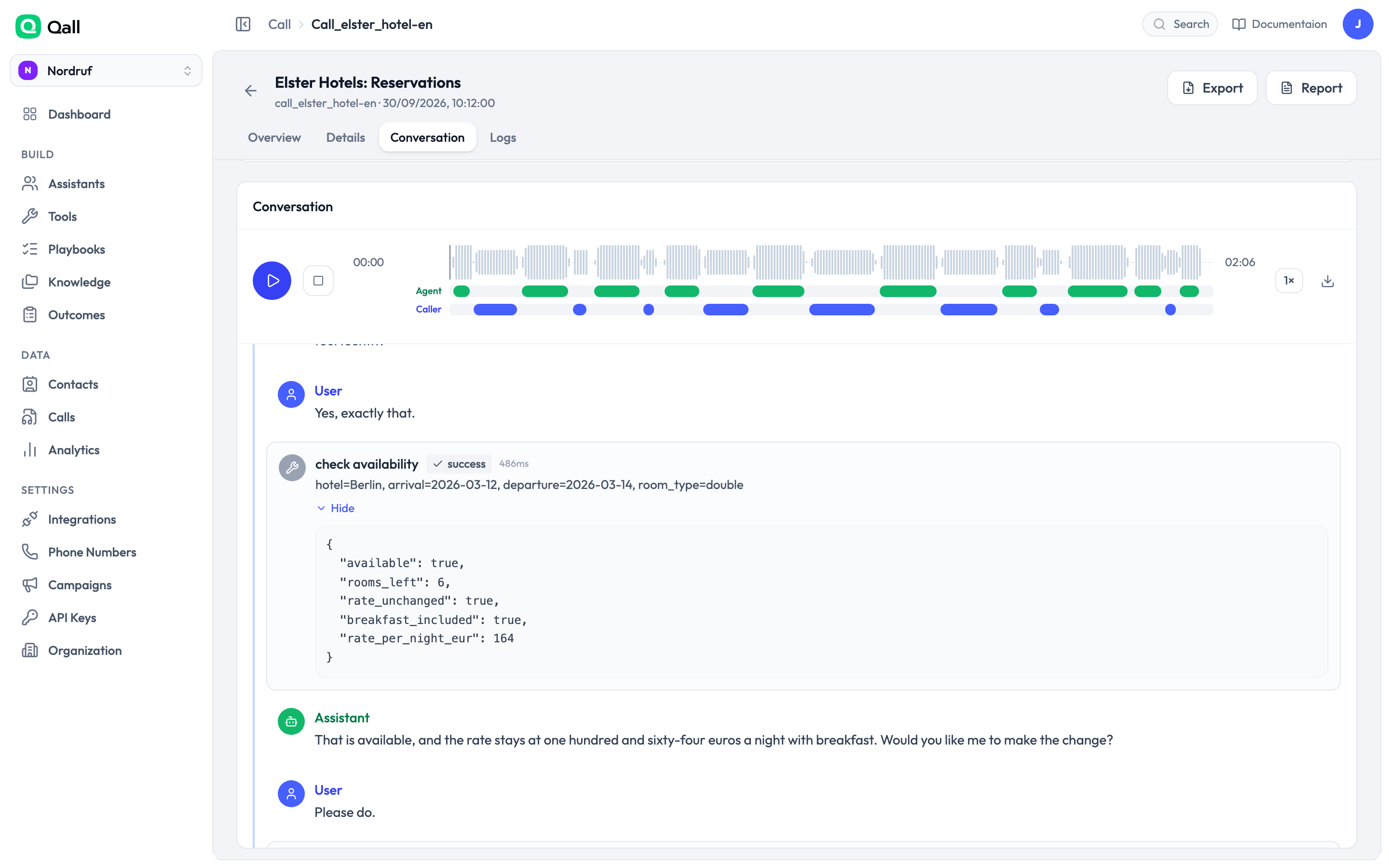 A tool call inside a call transcript