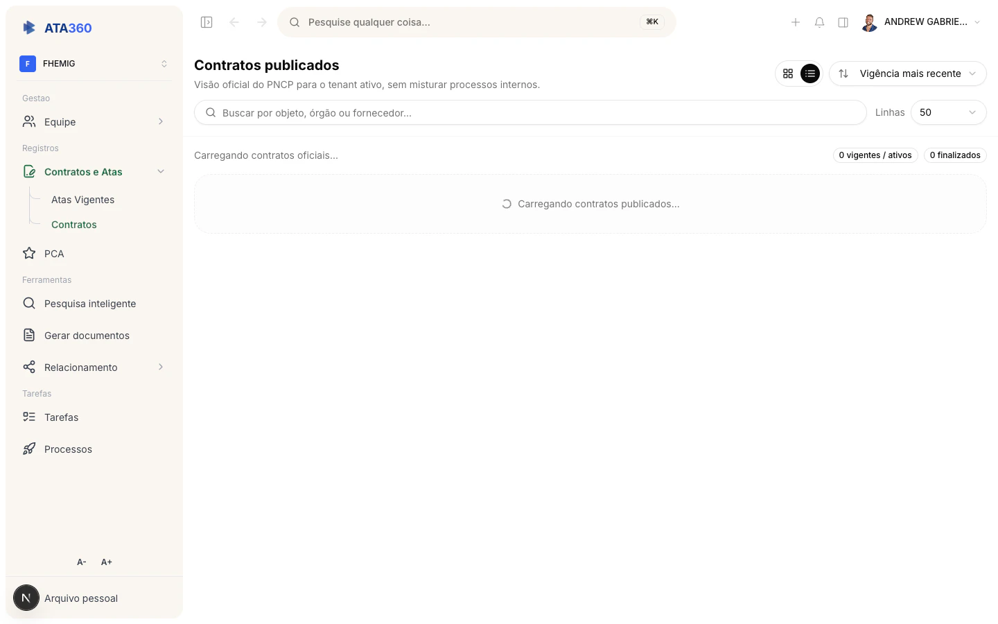 Lista de contratos no ATA360