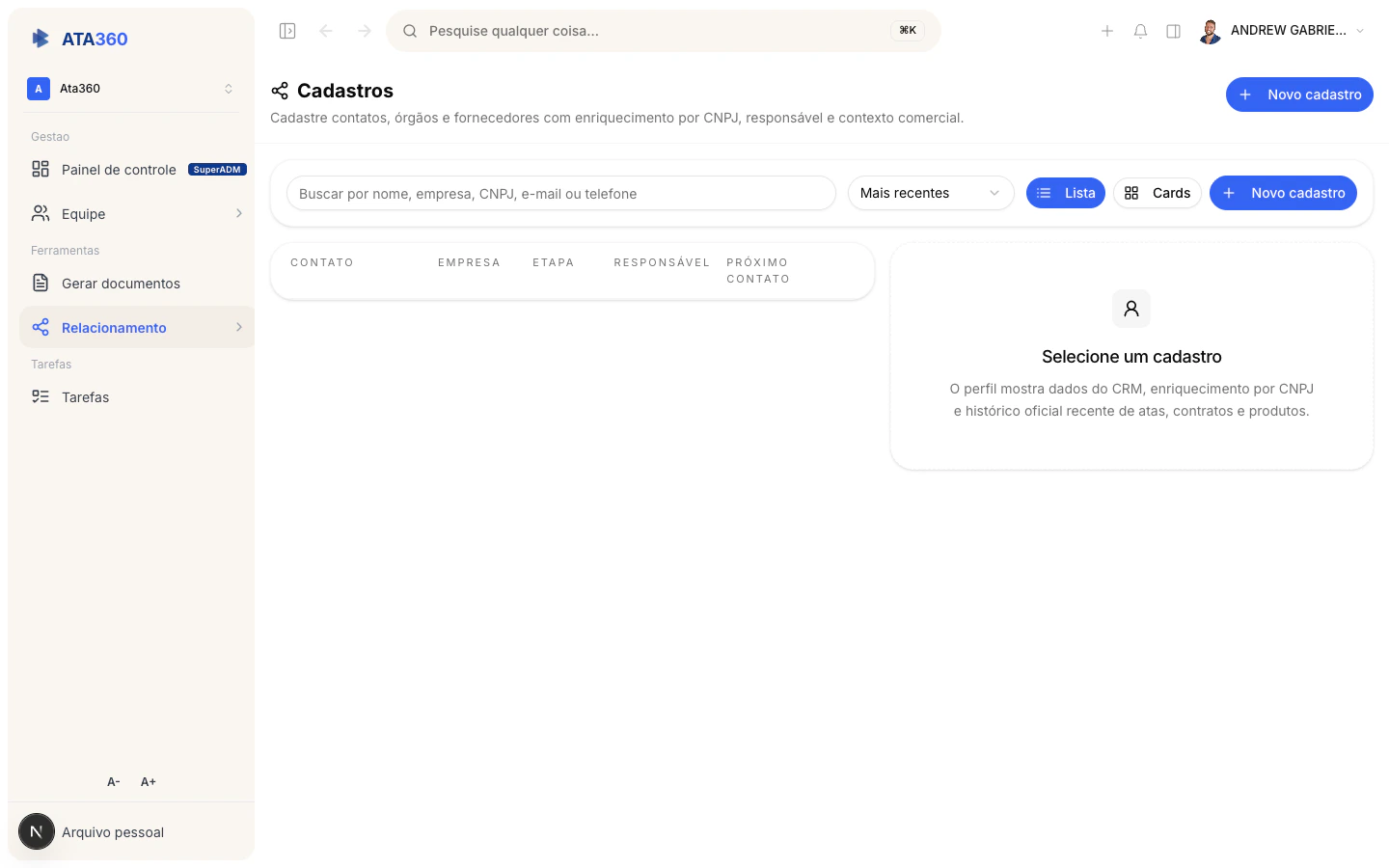 CRM - visão geral no ATA360