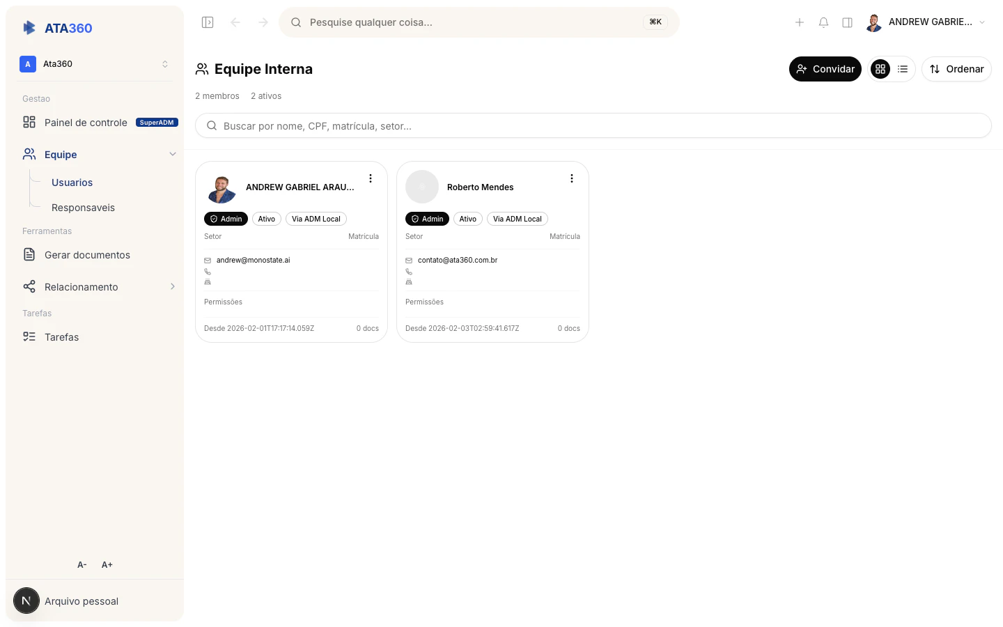 Usuários da equipe no ATA360