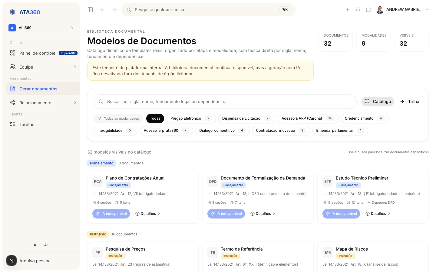 Módulo Modelos no ATA360