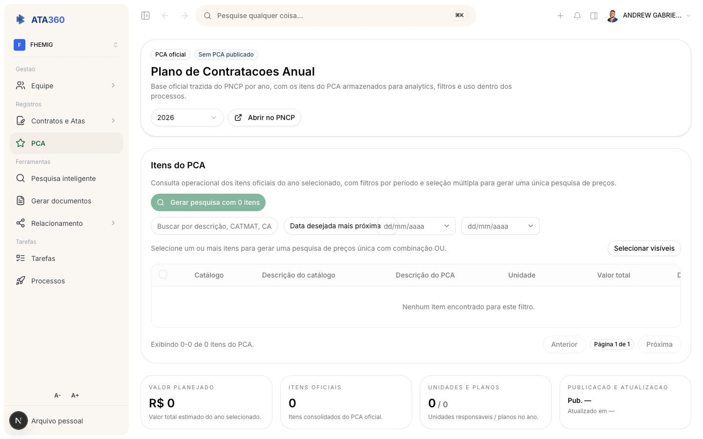 Módulo PCA no ATA360 - itens e totais