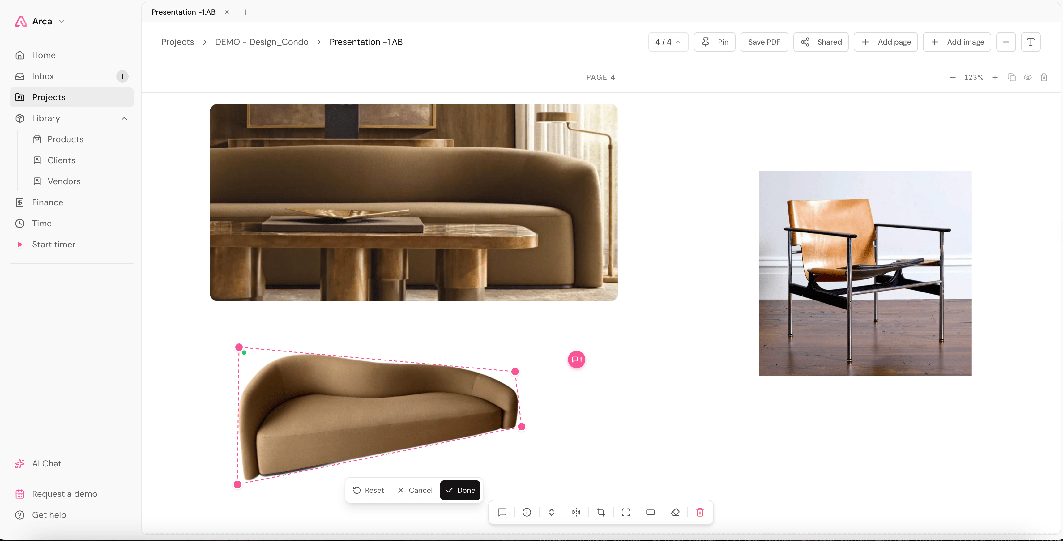 Sofa with a four-corner perspective outline and Reset, Cancel and Done controls.