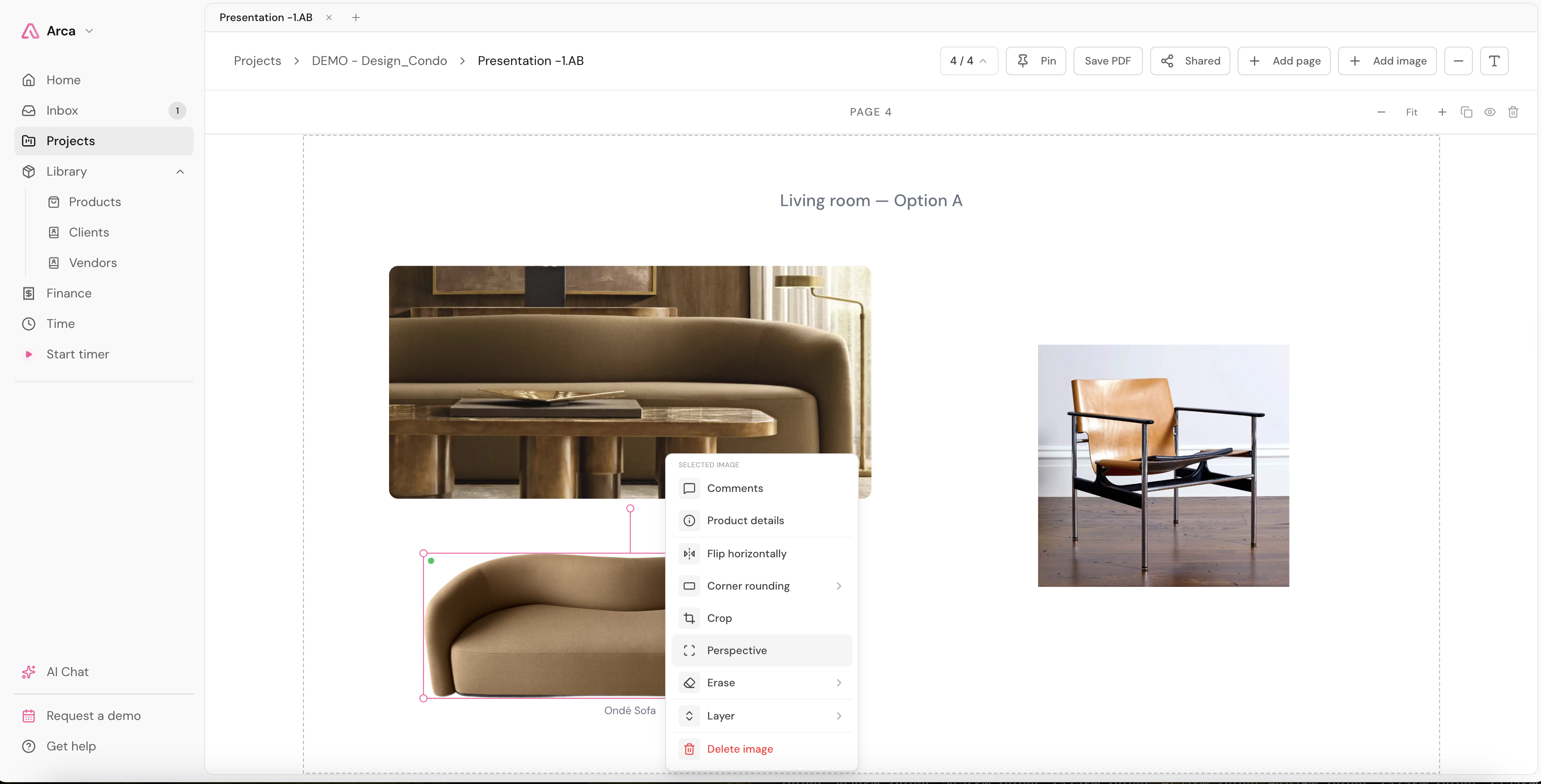 Selected sofa with Perspective highlighted in the context menu.