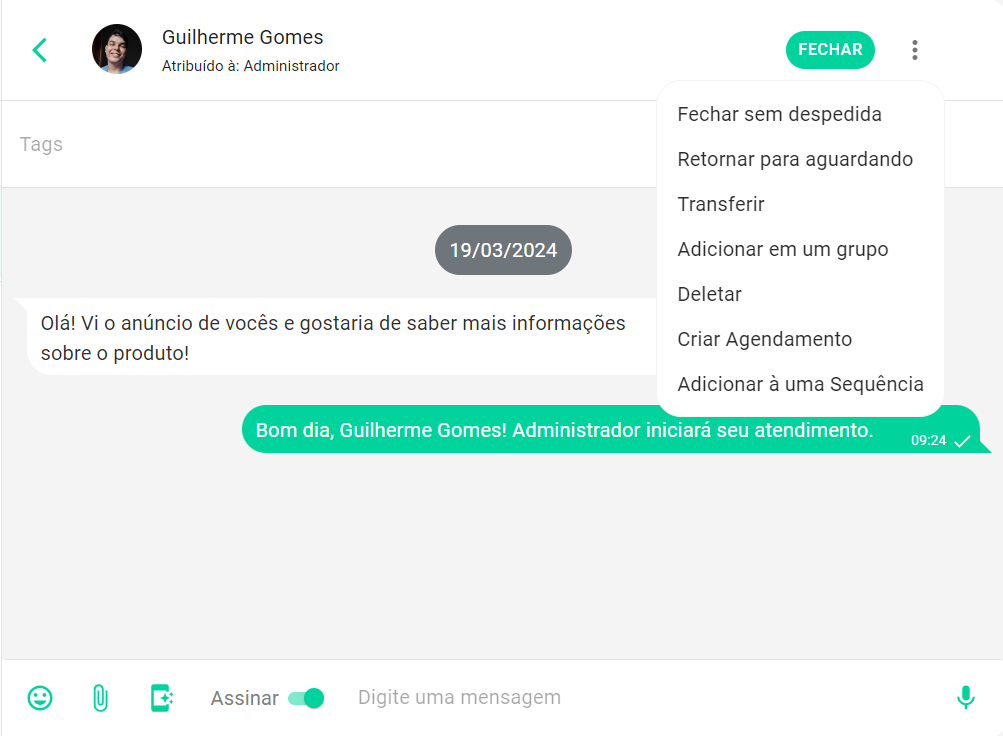 Barra superior do chat
