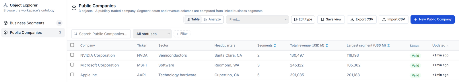 Public Companies table for Apple, Microsoft and NVIDIA showing rollup columns Segments, Total revenue and Largest segment