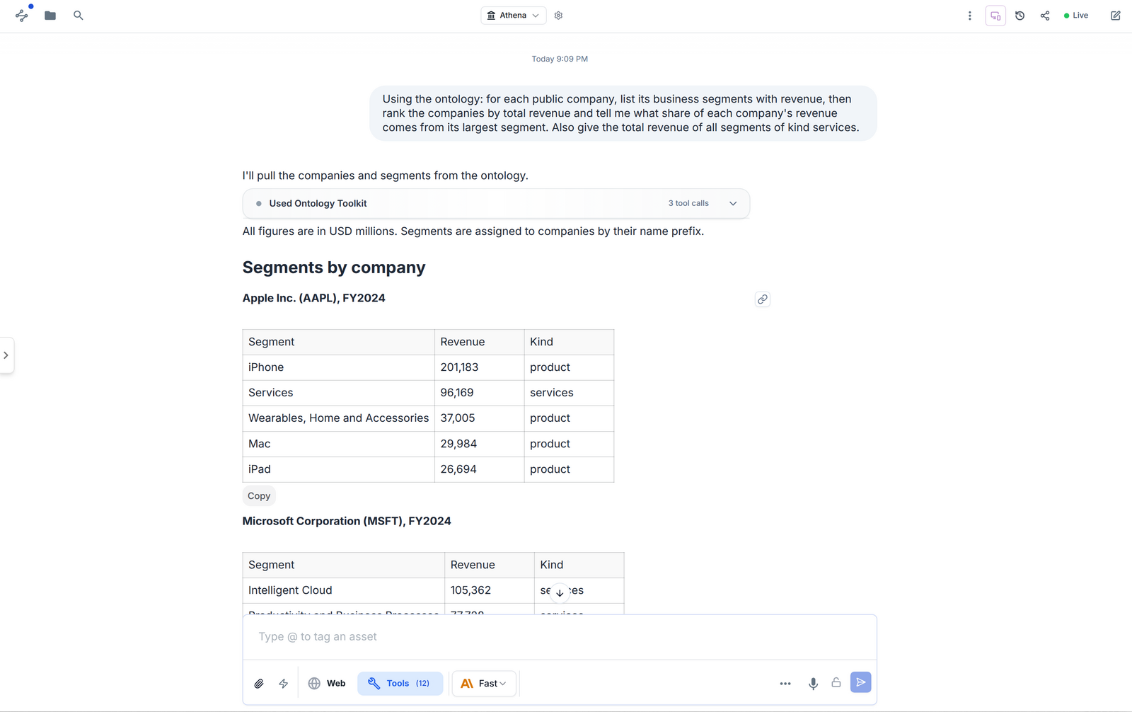 Chat answer listing Apple's business segments with revenue after three Ontology toolkit calls