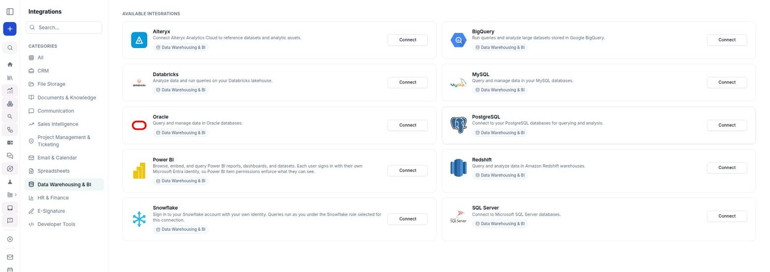 The Integrations page filtered to Data Warehousing & BI, with the BigQuery card