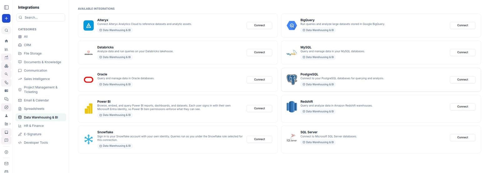 The Integrations page filtered to Data Warehousing & BI, with the BigQuery card