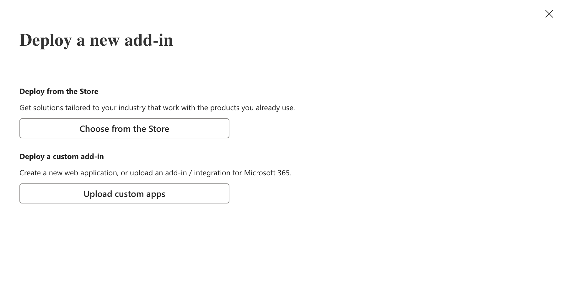 Deploy a new add-in dialog with Choose from the Store and Upload custom apps