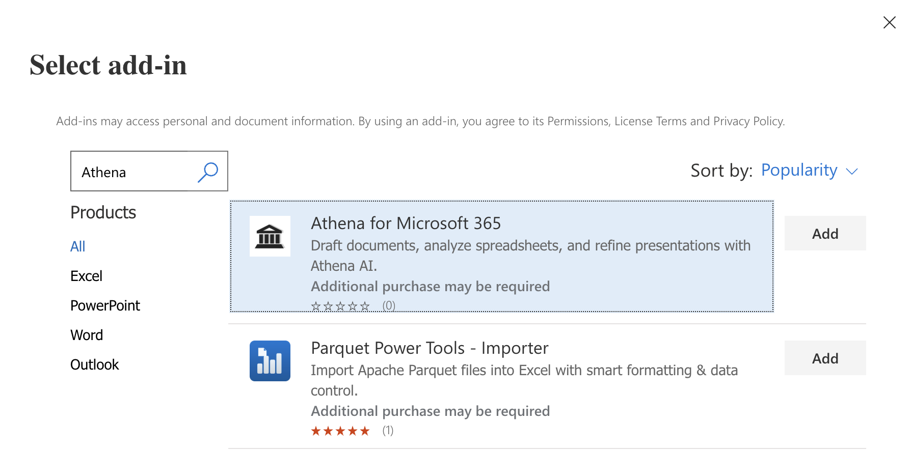 Select add-in dialog showing Athena for Microsoft 365 in the Store search results