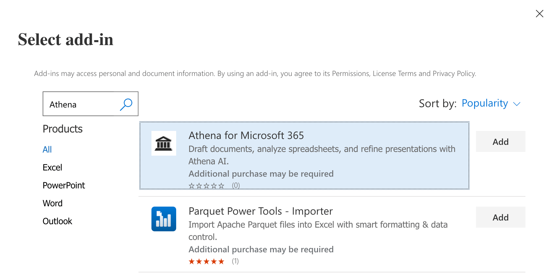 Select add-in dialog showing Athena for Microsoft 365 in the Store search results