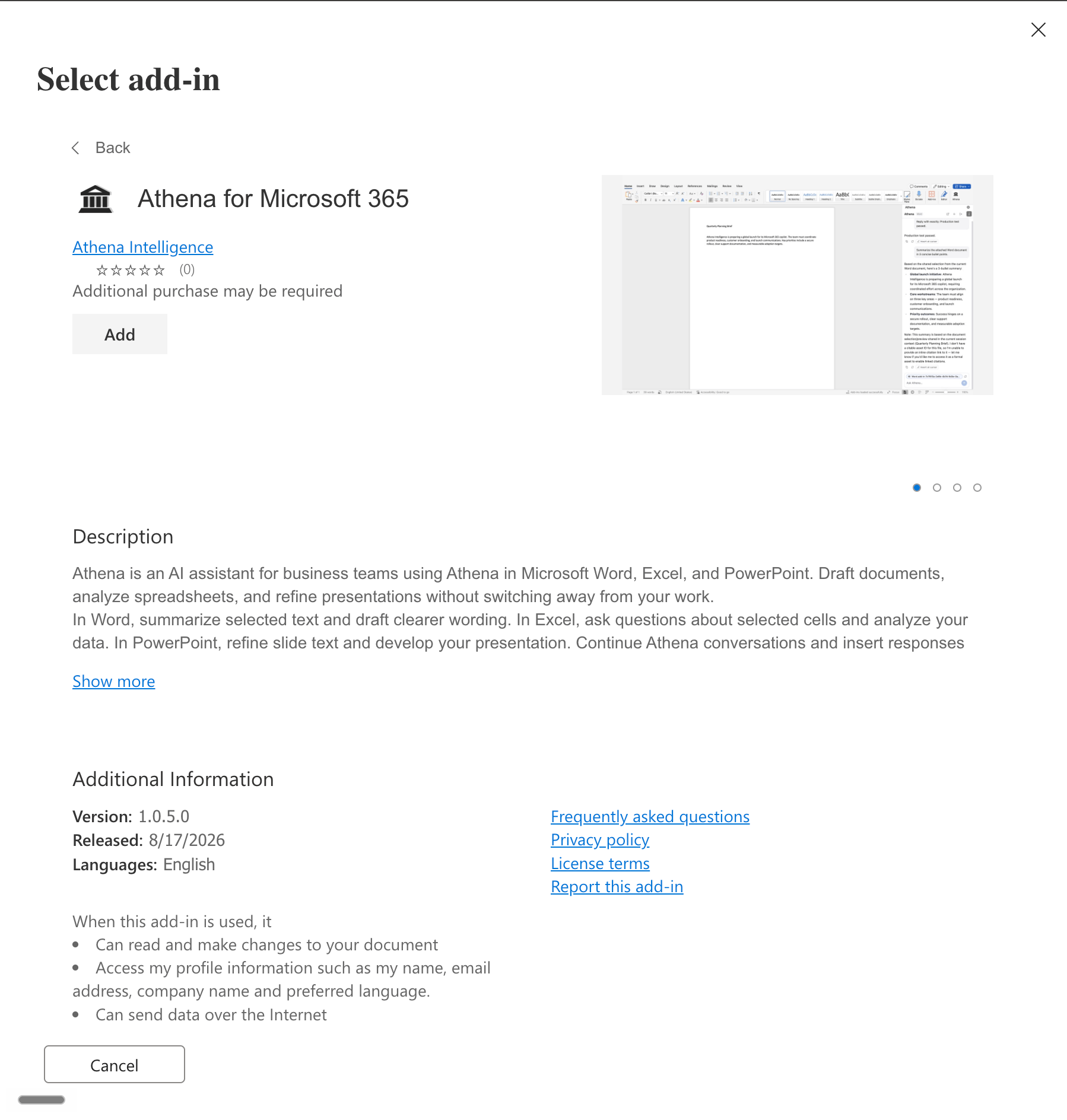 Athena for Microsoft 365 details page with the Add button and permissions