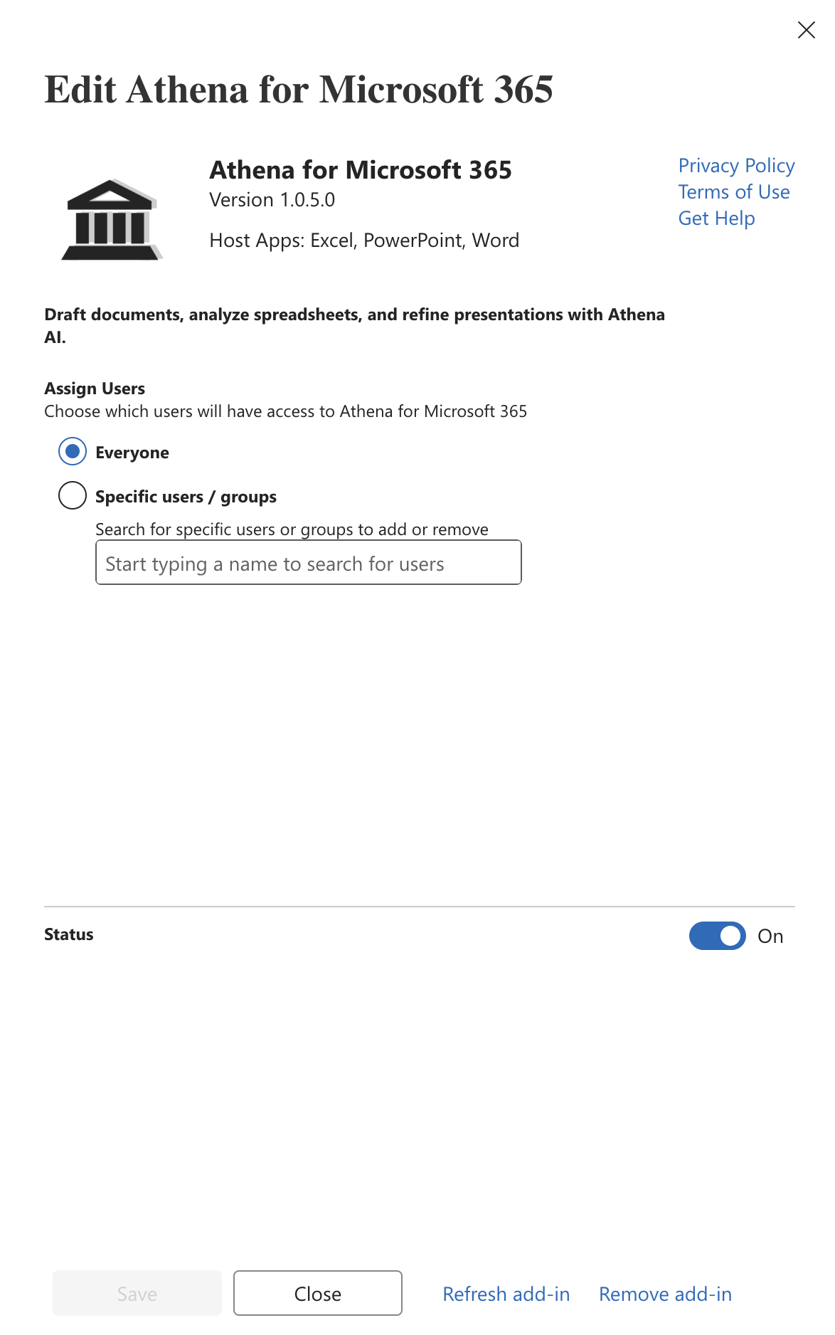 Edit Athena for Microsoft 365 dialog with Assign Users options, Status toggle and Save button
