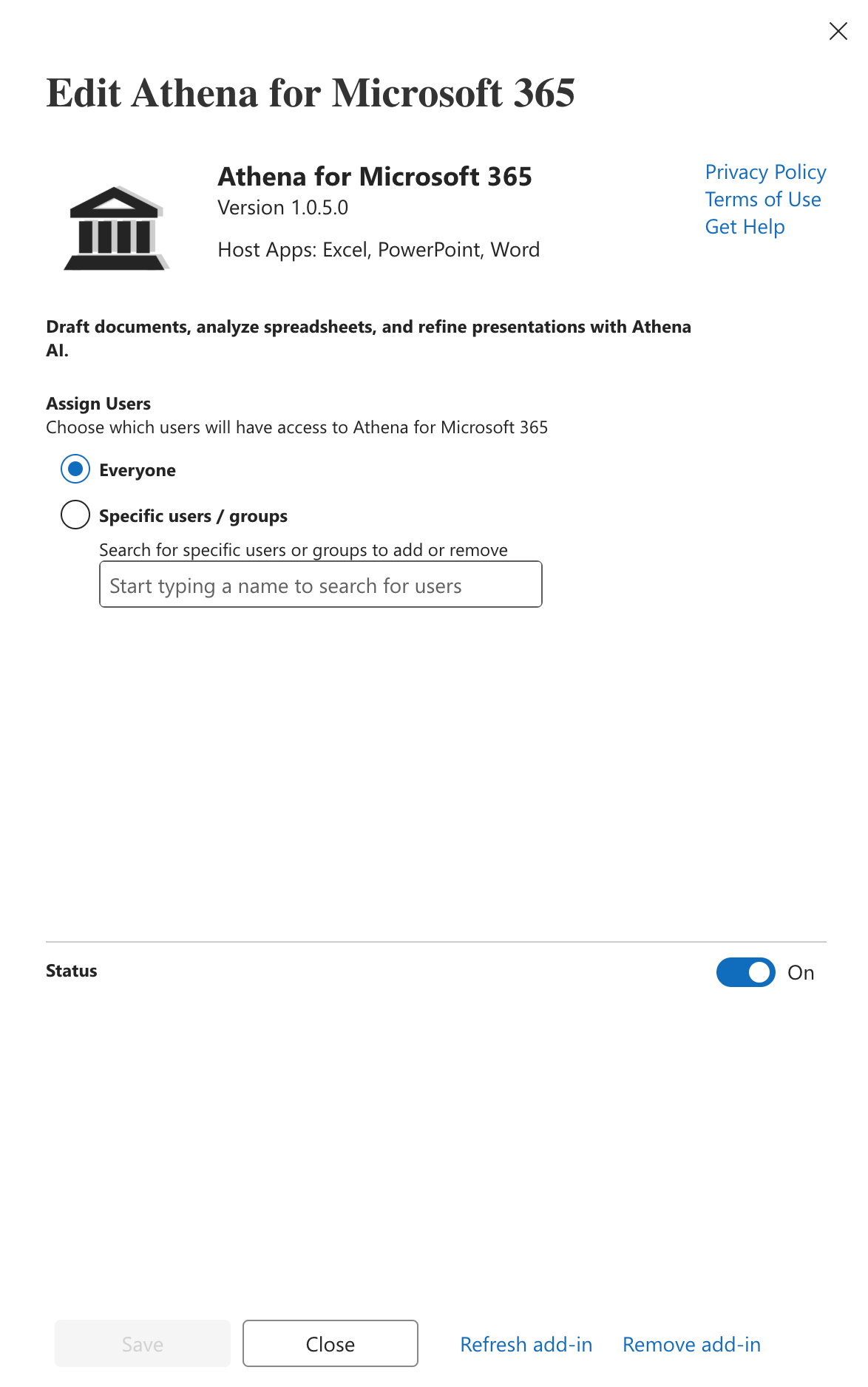 Edit Athena for Microsoft 365 dialog with Assign Users options, Status toggle and Save button
