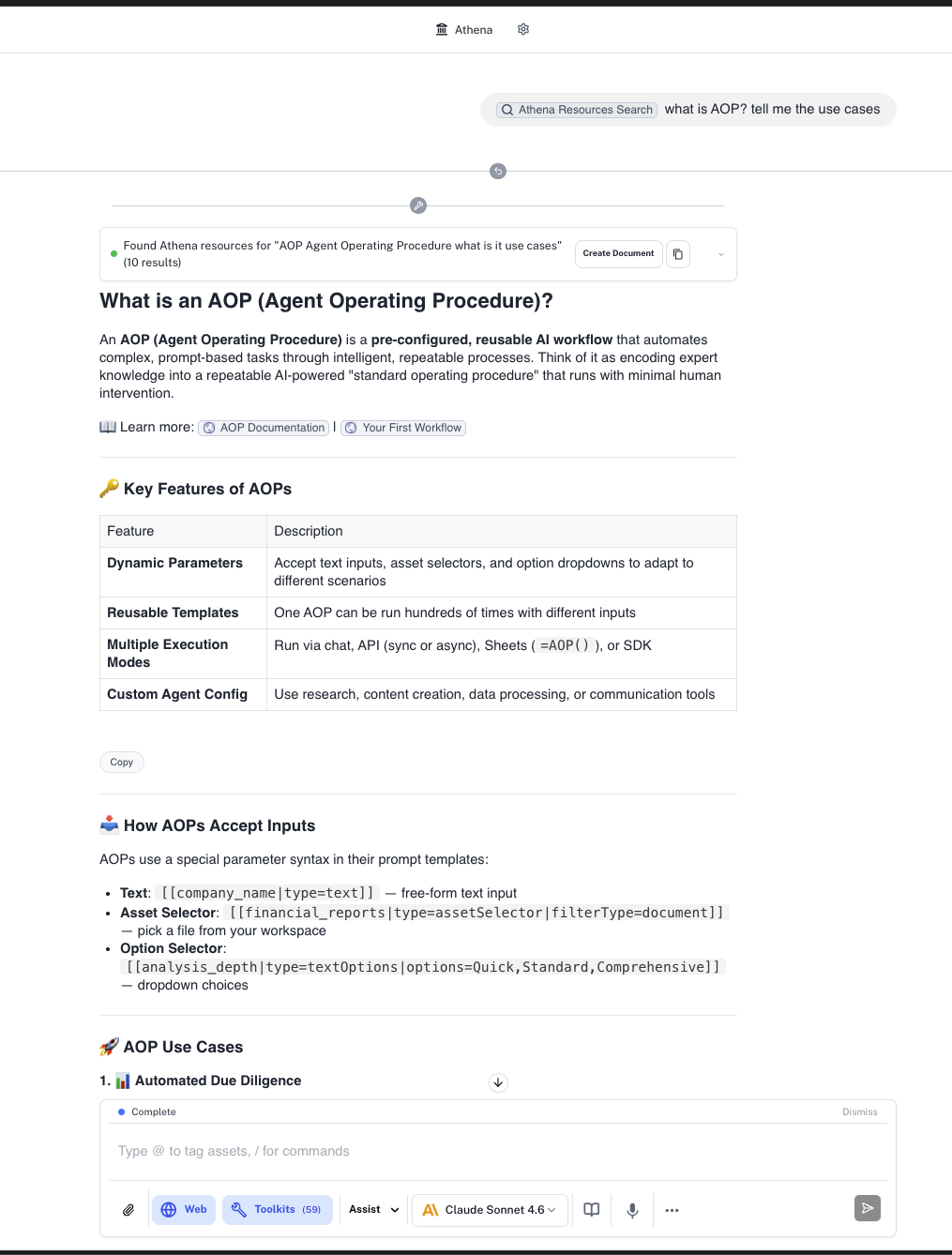 Ask Athena Docs tool showing search results for AOPs with formatted documentation content