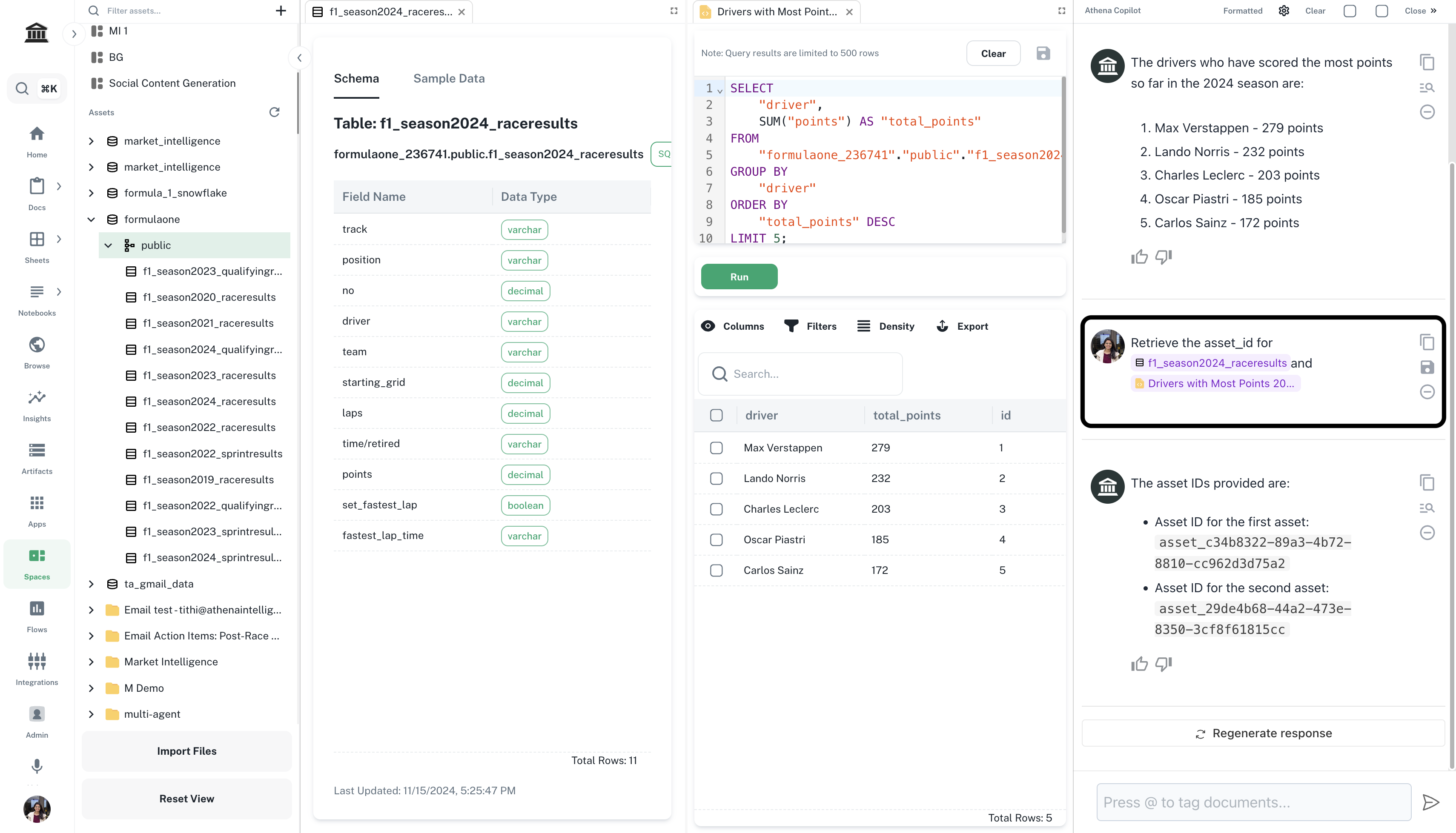 Chat requesting the query and database asset IDs