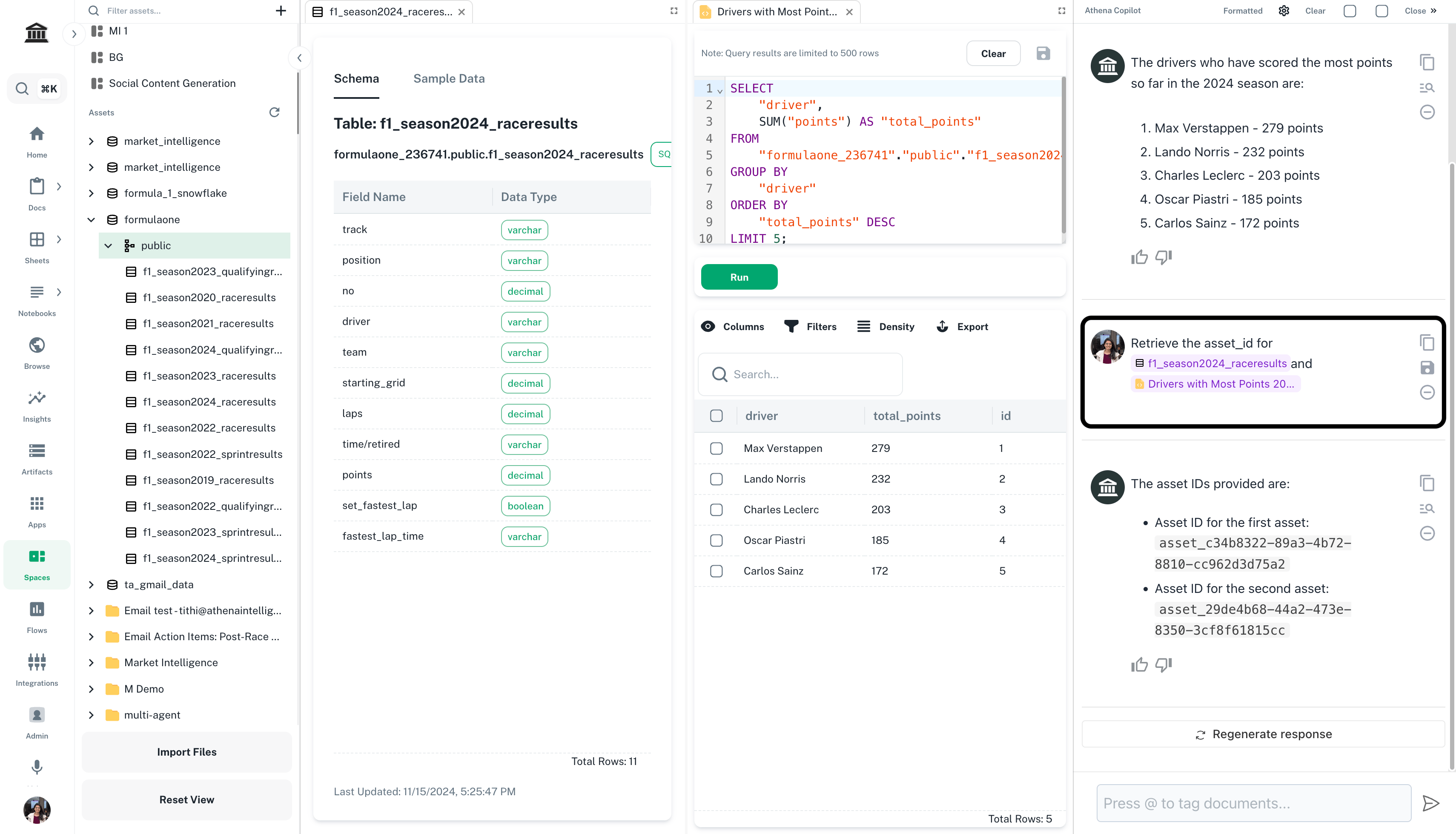 Chat requesting the query and database asset IDs