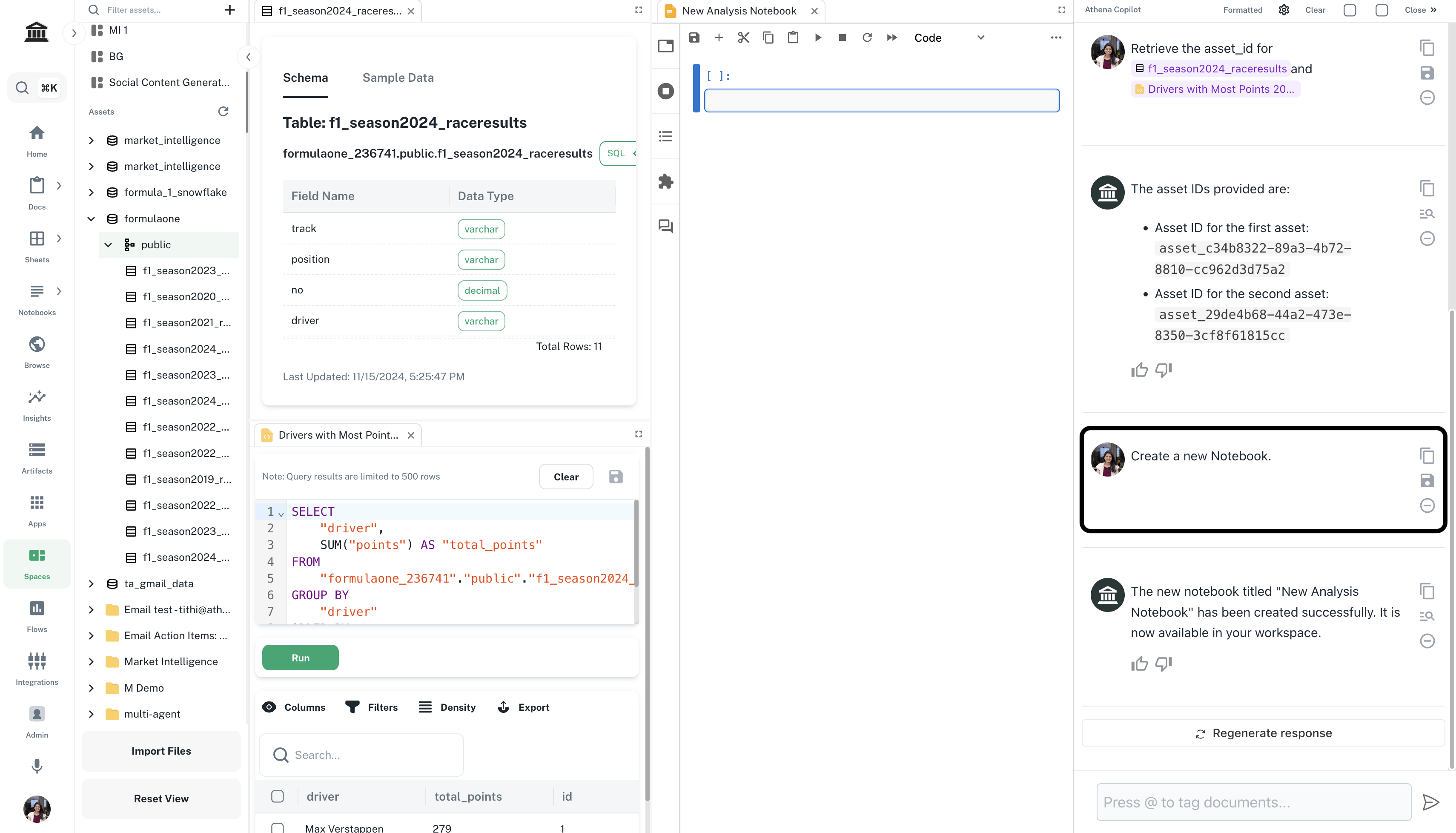 New notebook open beside the saved SQL query