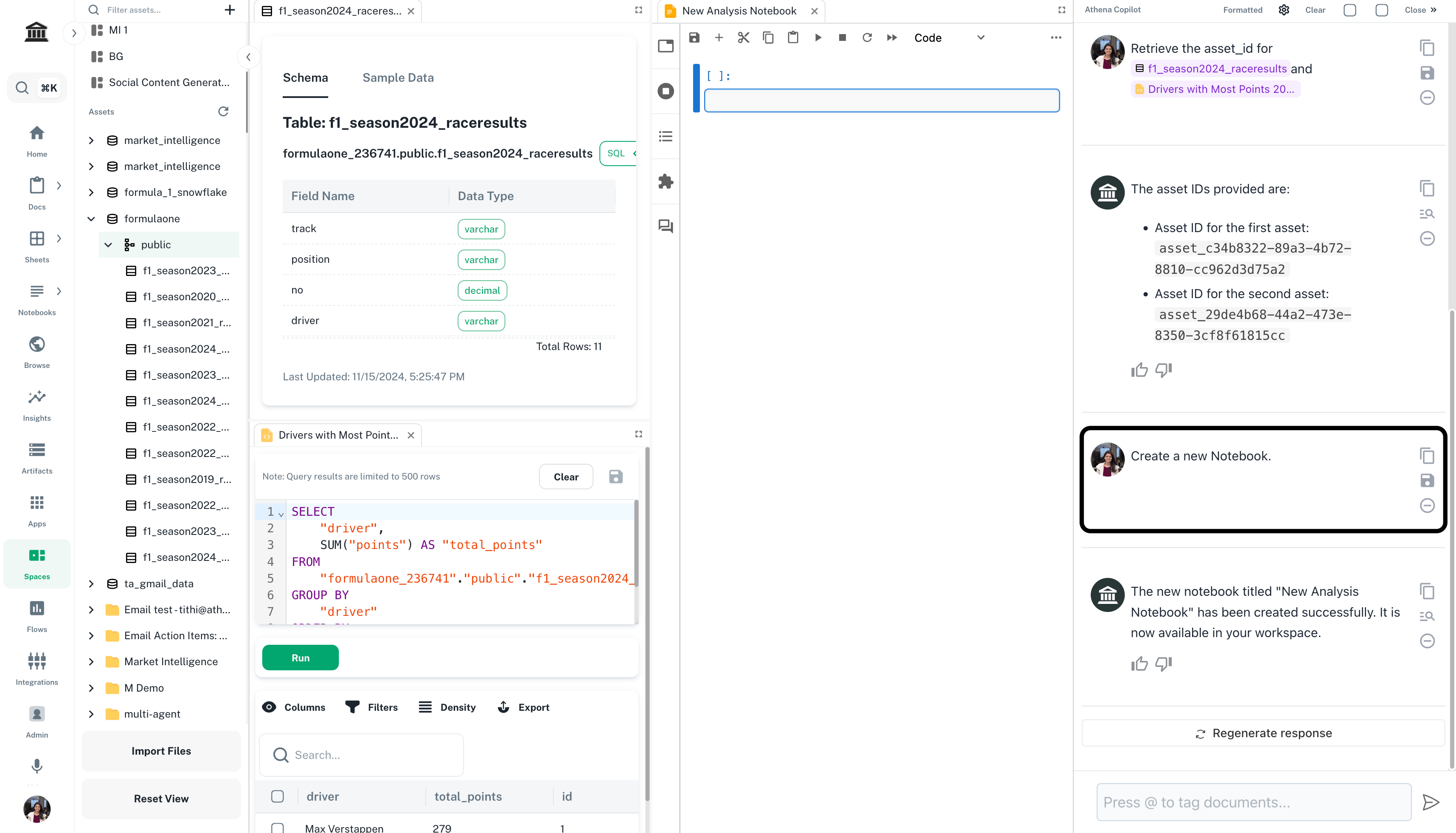 New notebook open beside the saved SQL query