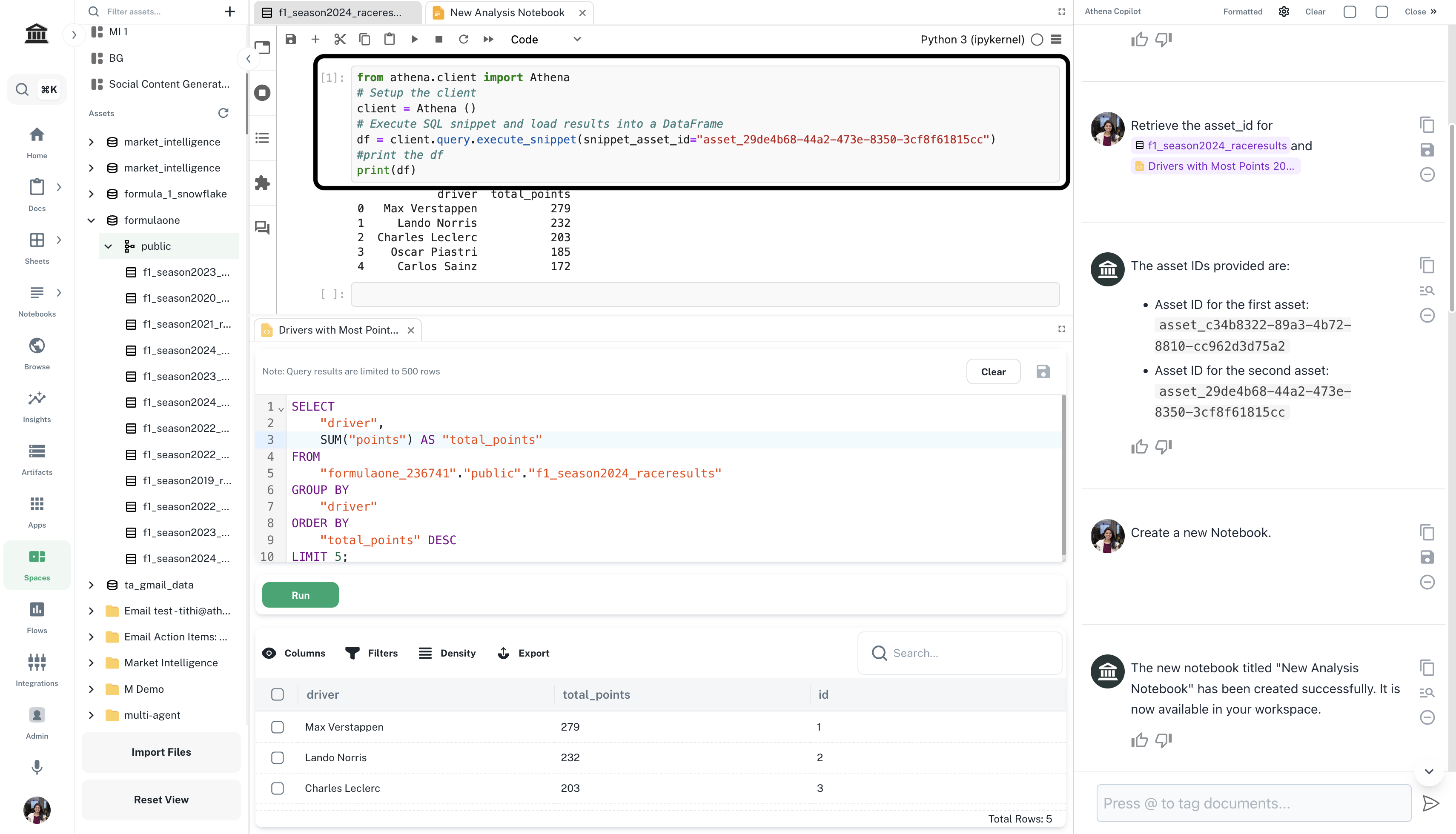 Notebook cell executing a saved query snippet and displaying results